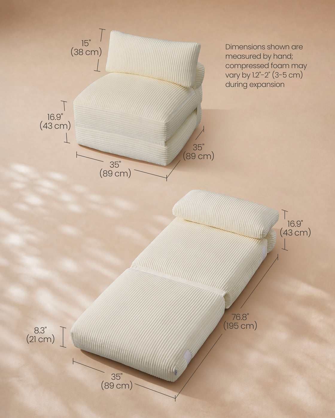 VASAGLE Folding Sofa Bed, Convertible Chair Bed with Pillow, Sleeper Chair – Warm White