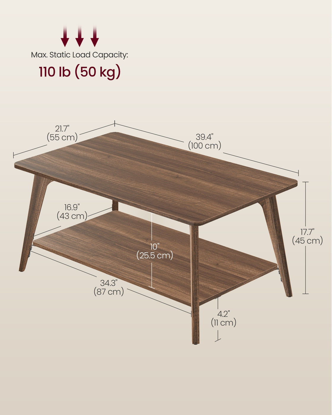 VASAGLE Maezo Collection Coffee Table 2-Tier Center Table 21.7 X 39.4 X 17.7 Inches Chestnut Brown – Honey Brown