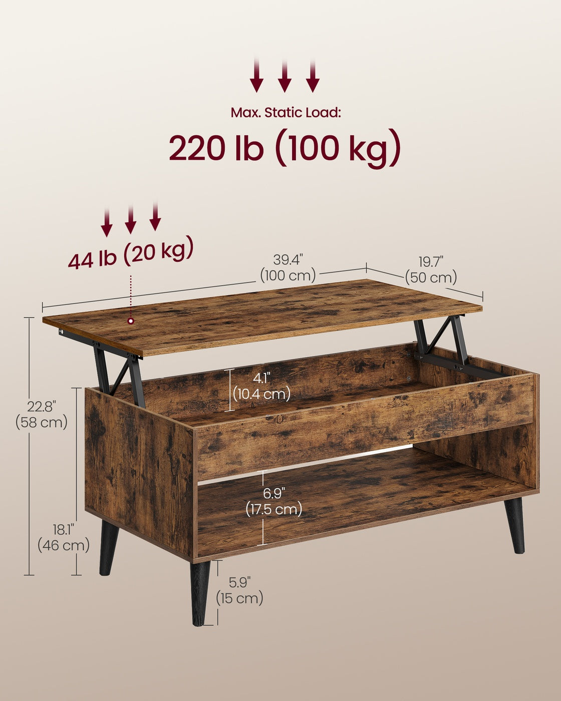 VASAGLE Lift Top Coffee Table with Hidden Storage – Rustic Brown