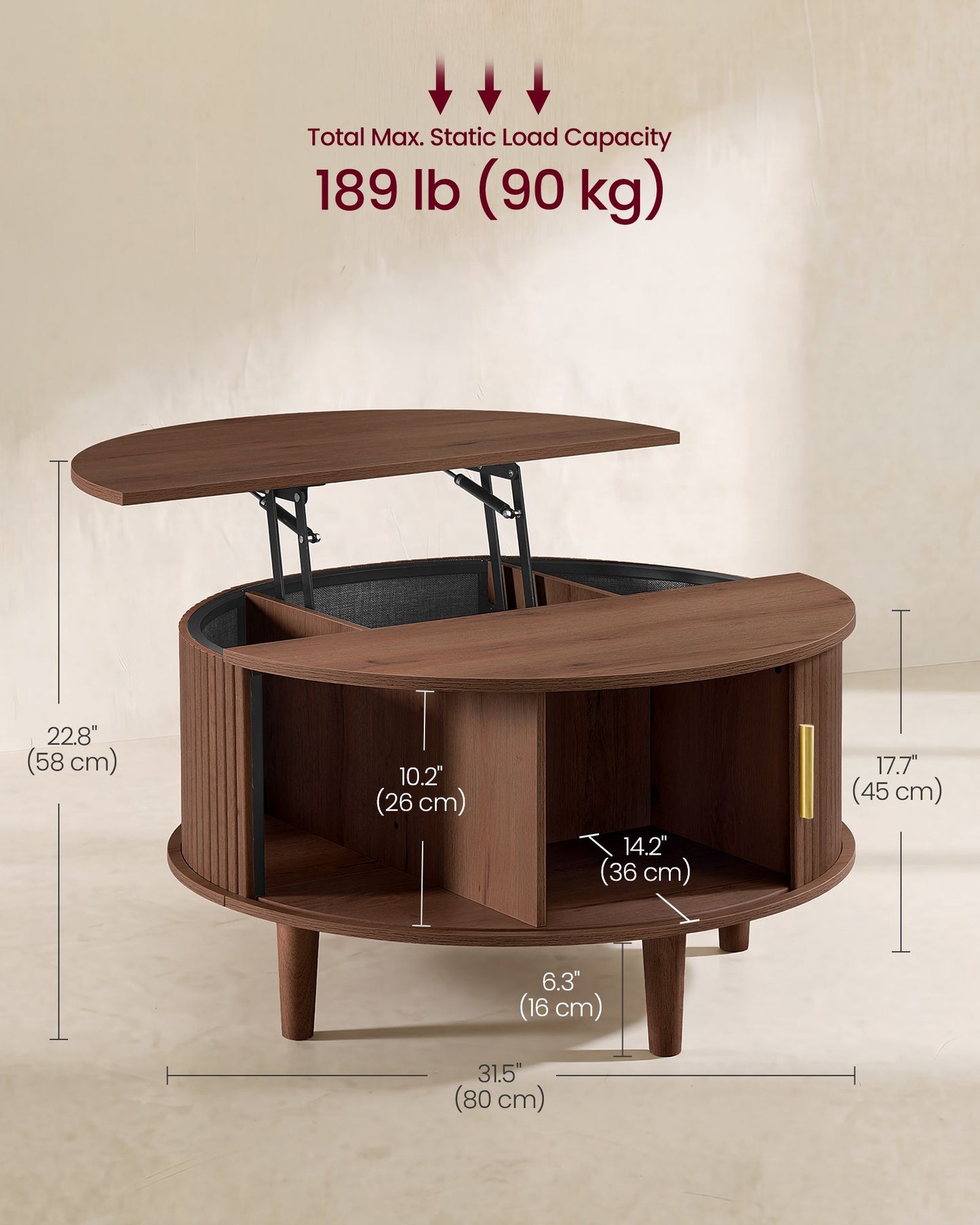 VASAGLE Round Lift Top Coffee Table with Tambour Sliding Door – Chestnut Brown