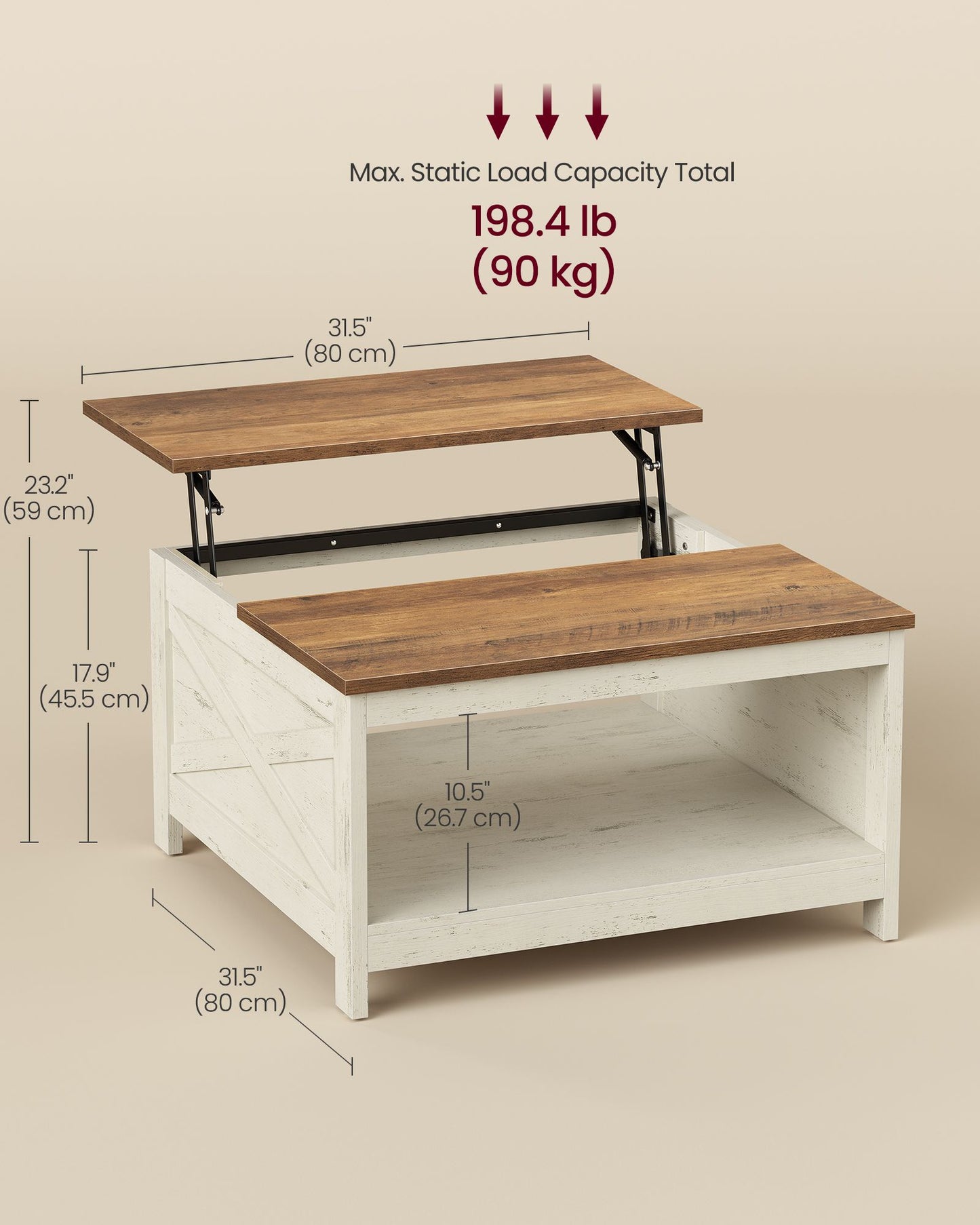 VASAGLE Lift Top Coffee Table – Rustic White and Honey Brown