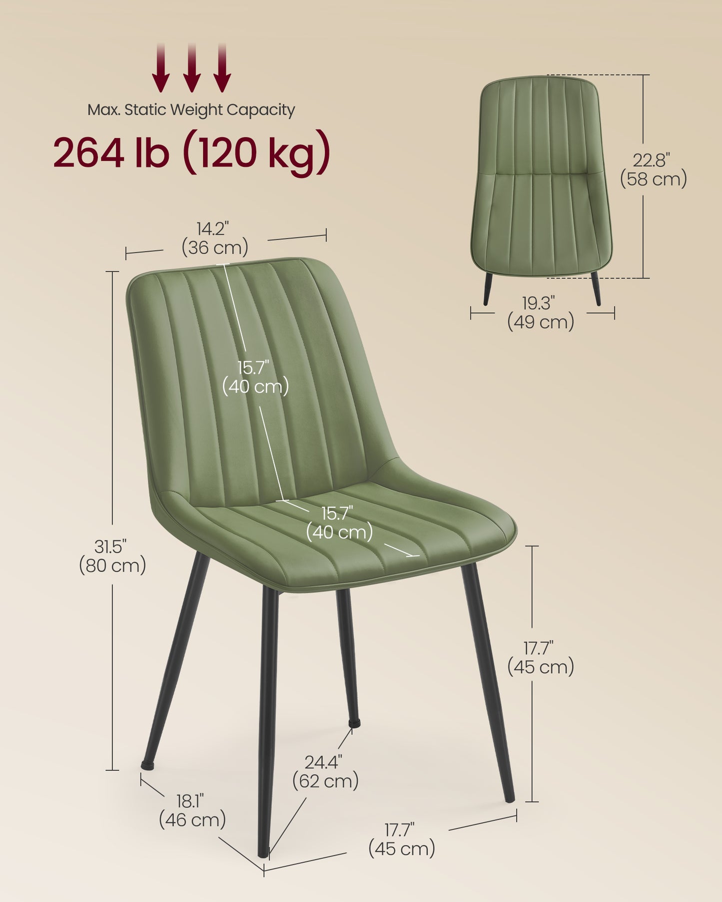 VASAGLE Dining Chairs, Upholstered Kitchen Chairs, Set of 2, Forest Green and Ink Black