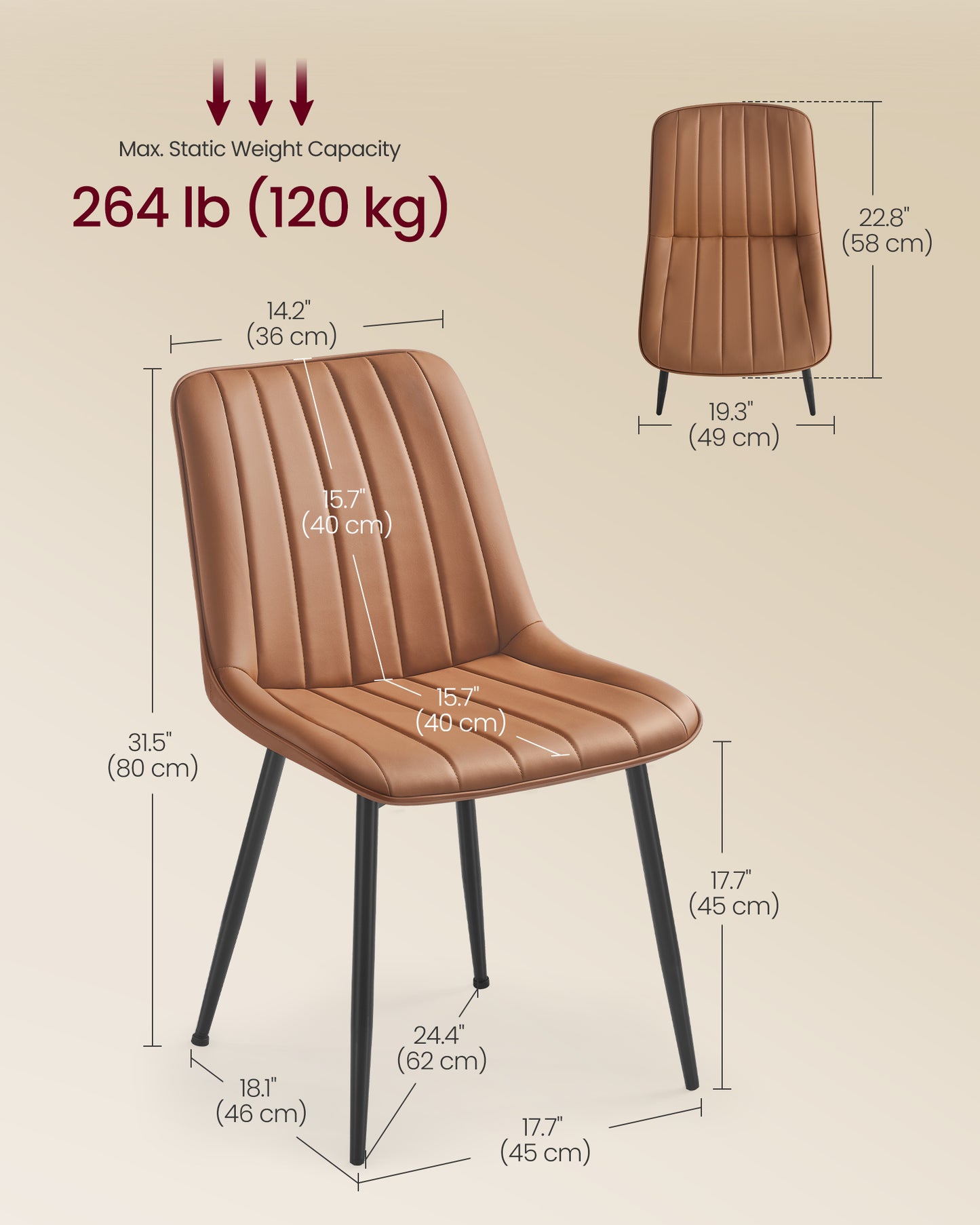 VASAGLE Dining Chairs, Upholstered Kitchen Chairs, Set of 6, Caramel Brown and Ink Black