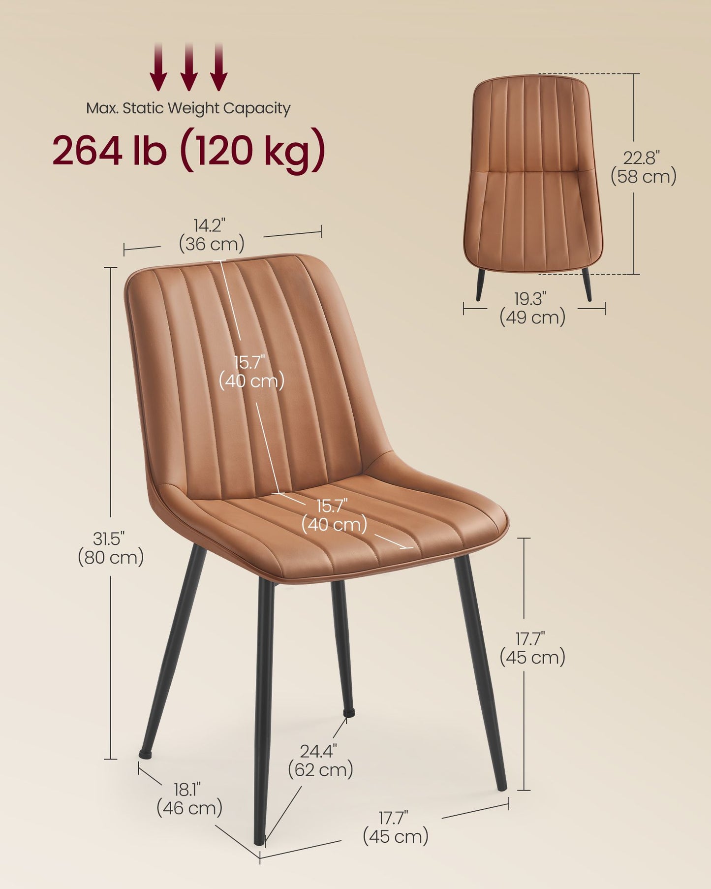 VASAGLE Dining Chairs, Upholstered Kitchen Chairs, Set of 2, Caramel Brown and Ink Black