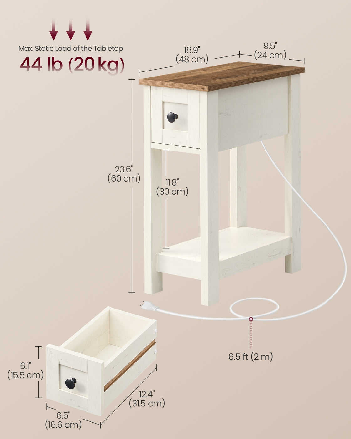 VASAGLE Farmhouse End Table with Storage Drawer, Honey Brown and Rustic White – Honey Brown, Rustic White
