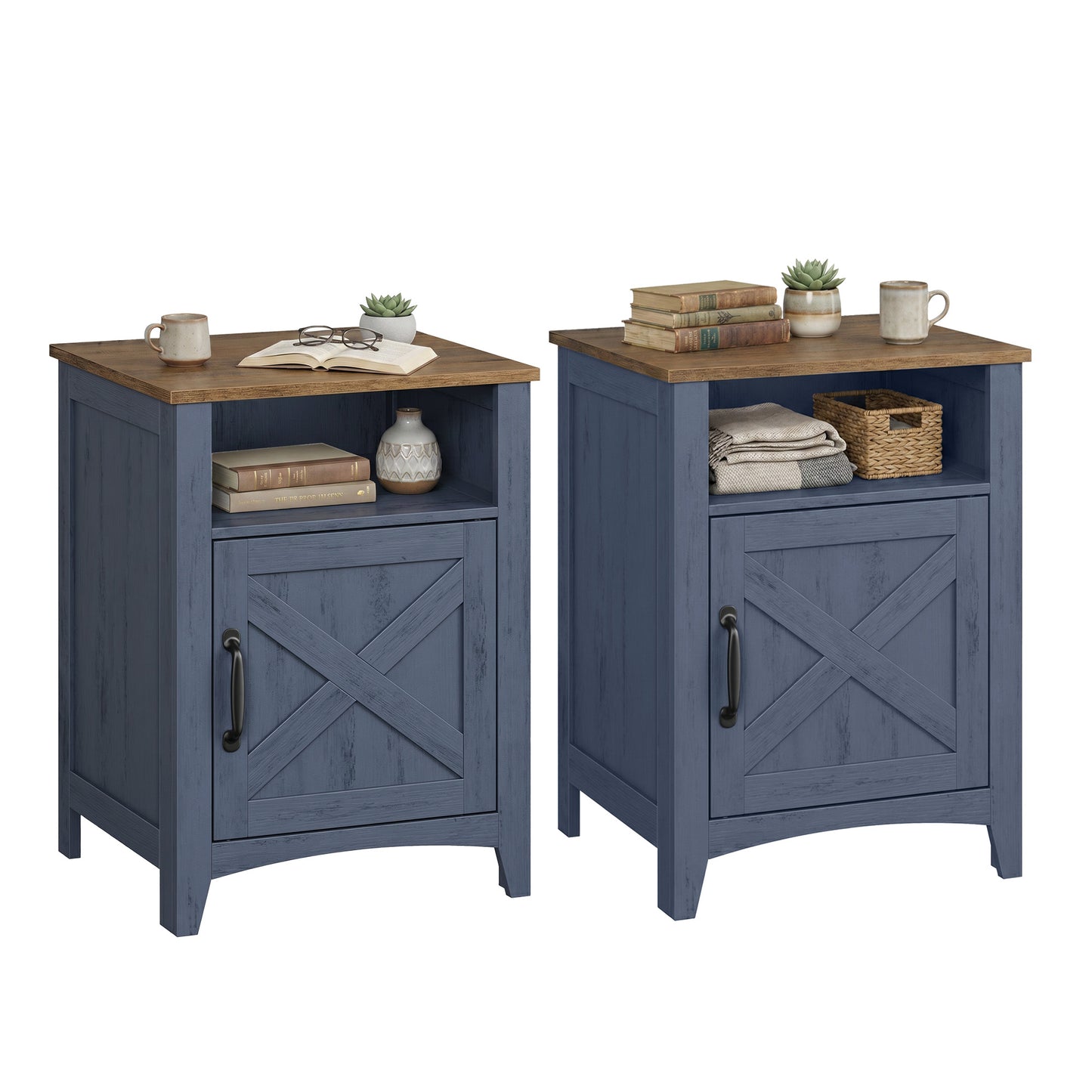 VASAGLE Liry Farmhouse Nightstand – Rustic Blue, Honey Brown