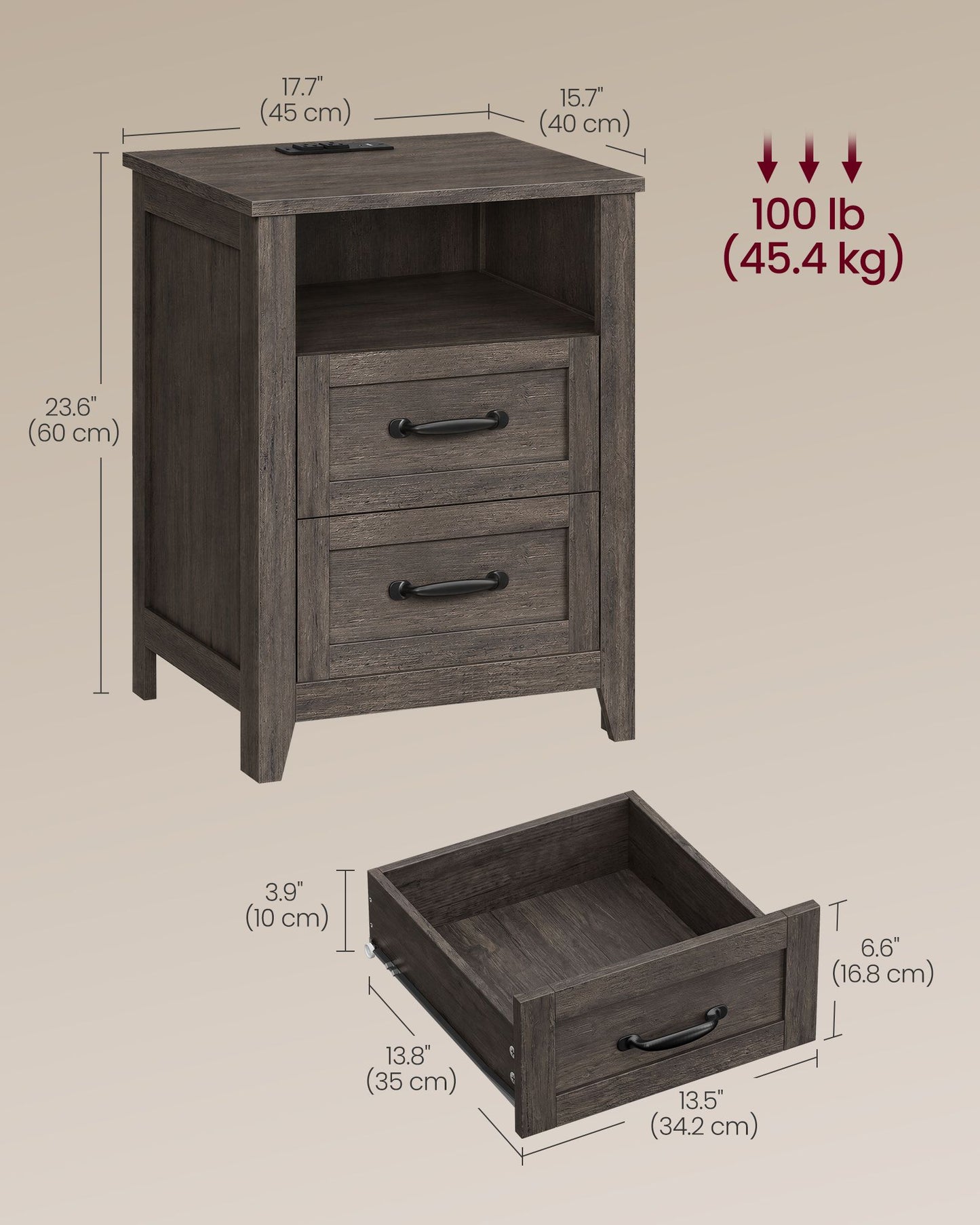 VASAGLE Farmhouse Nightstand with Charging Station, 2 Drawers Bedside Table – Taupe Brown