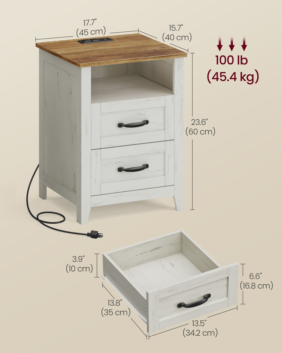 VASAGLE Liry Farmhouse Nightstand with Charging Station – Rustic White, Honey Brown – 15.7"D x 17.7"W x 23.6"H