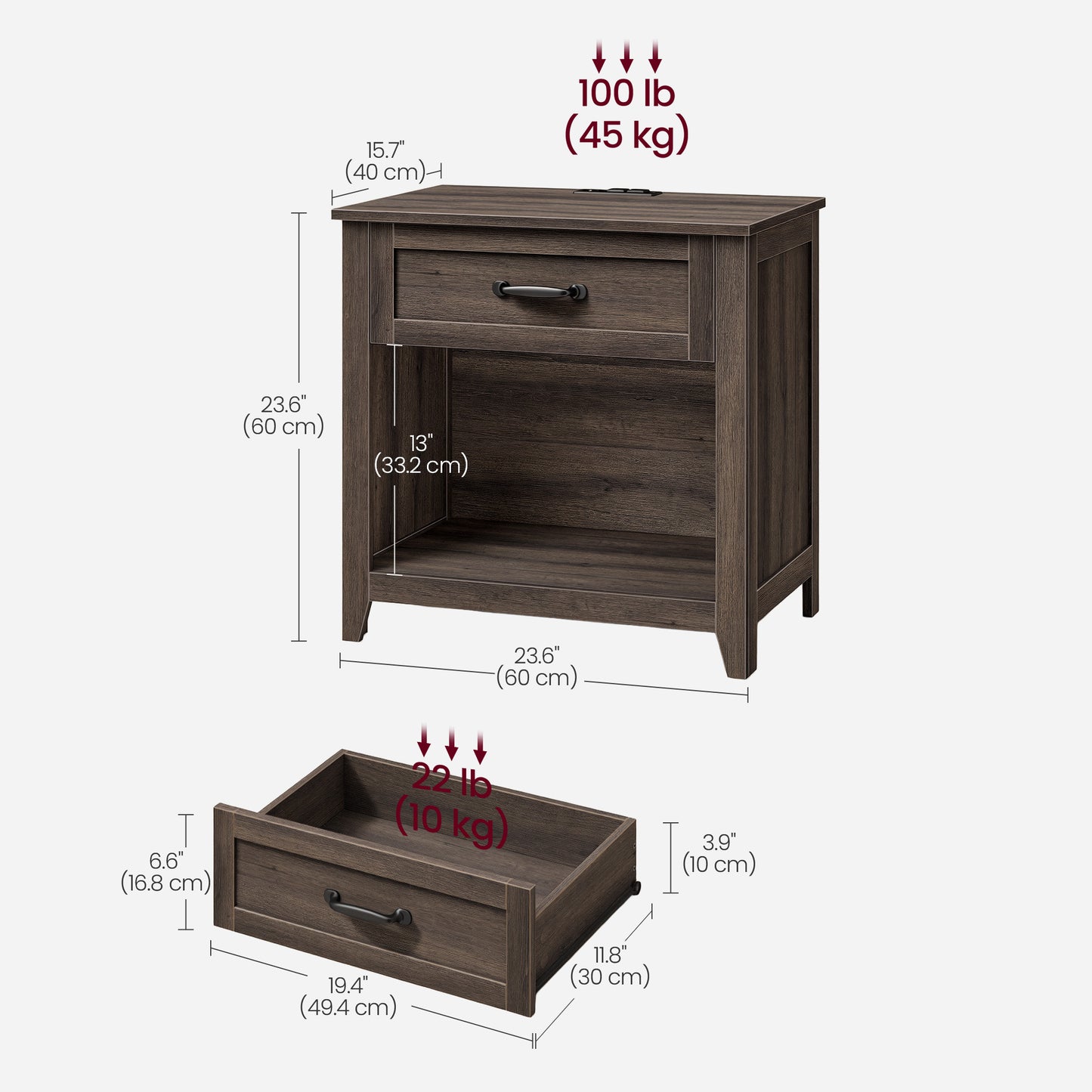 VASAGLE 23.6 Inch Farmhouse Nightstands Set 2, Charging Station – Taupe Brown