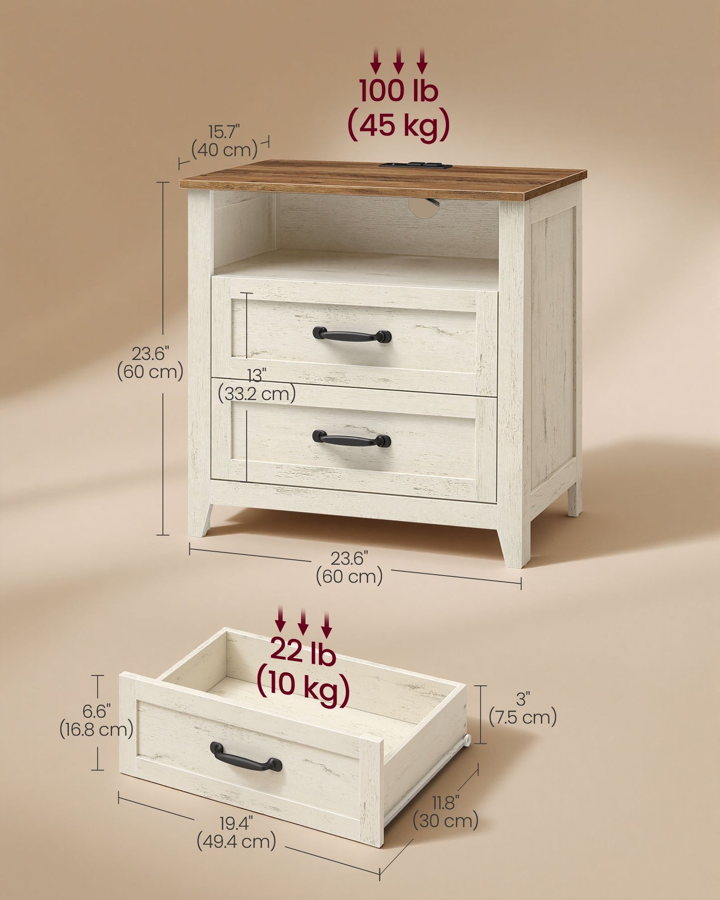 VASAGLE Farmhouse Nightstand with Charging Station, 2 Drawers, Open Shelf Bedside Table – Rustic White and Honey Brown