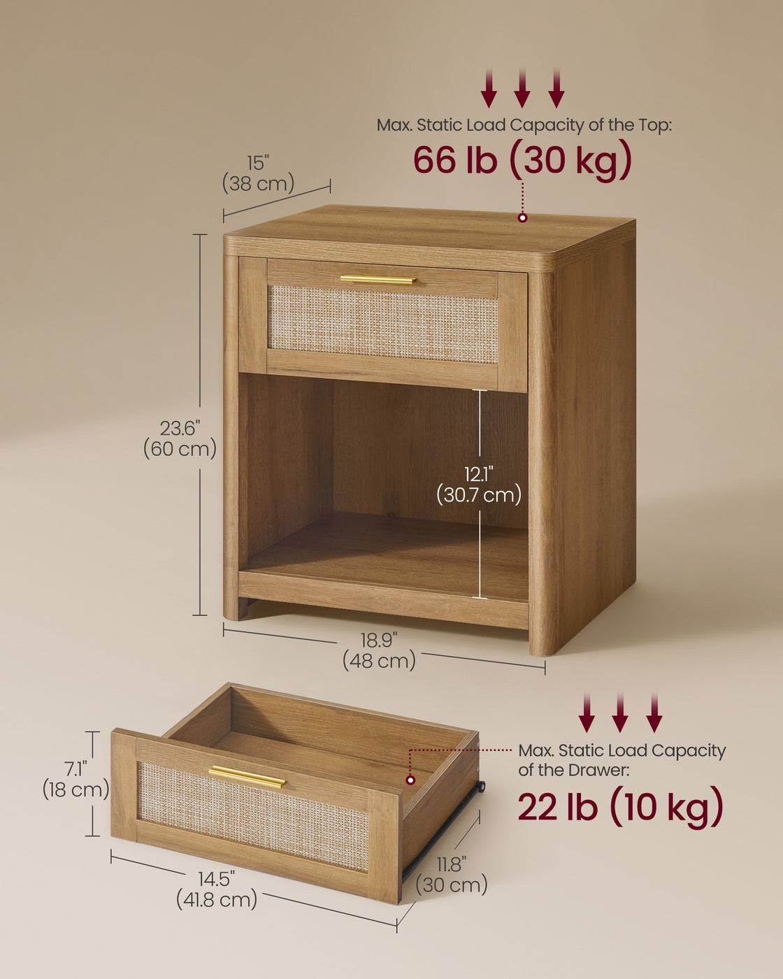 VASAGLE Ellan Boho Nightstand with Drawer and Open Shelf – Natural Brown