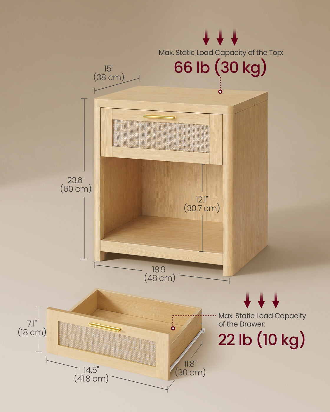 VASAGLE Ellan Boho Nightstand with Drawer and Open Shelf – Oak Beige