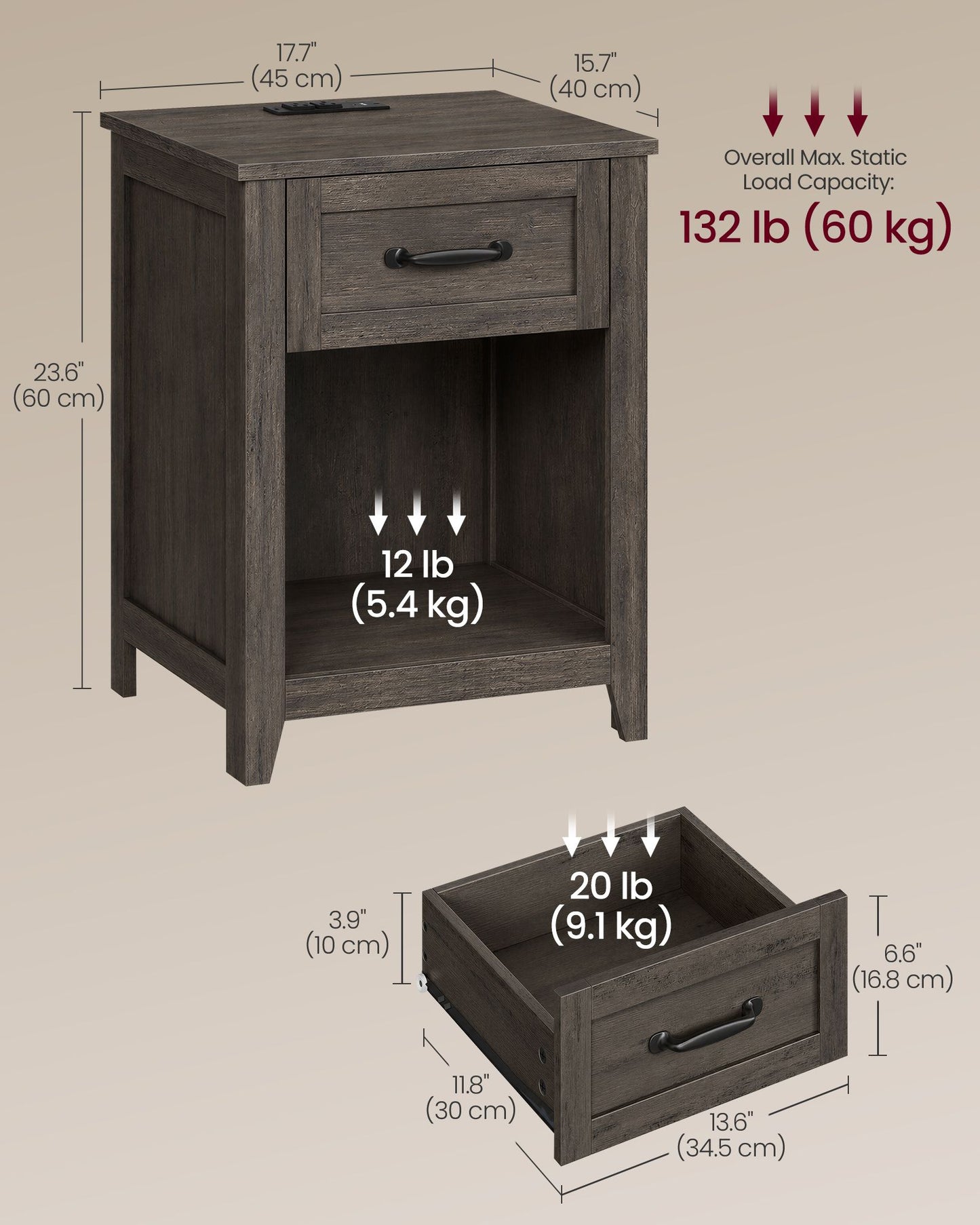 VASAGLE Farmhouse Nightstand with Charging Station, Drawer, Set of 2 Bedside Table – Taupe