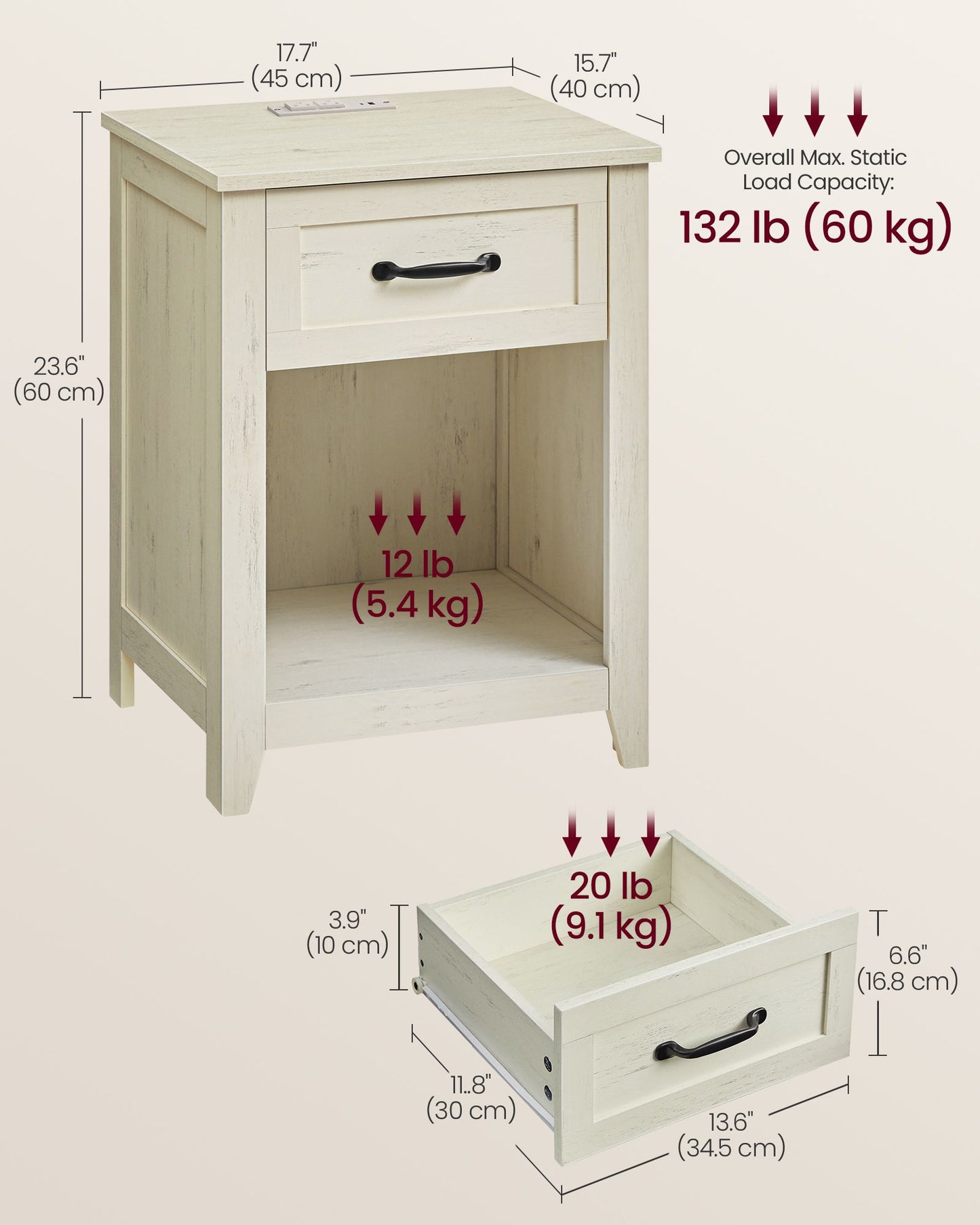 VASAGLE Farmhouse Nightstand with Charging Station, Drawer, Set of 2 Bedside Table – Cloud White