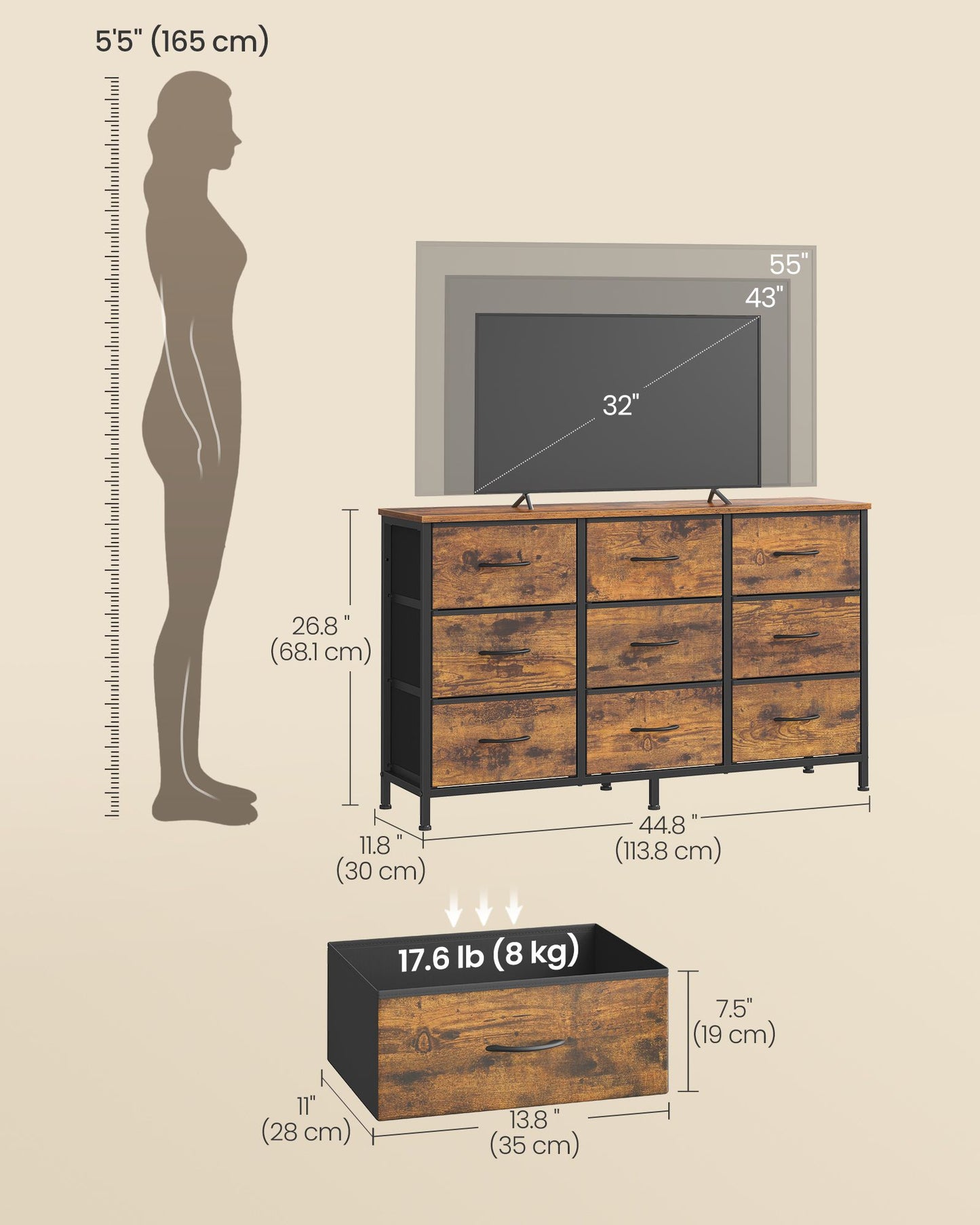 SONGMICS Dresser with 9 Fabric Drawers, TV Stand for Tvs Up to 55 Inches – Rustic Brown, Ink Black