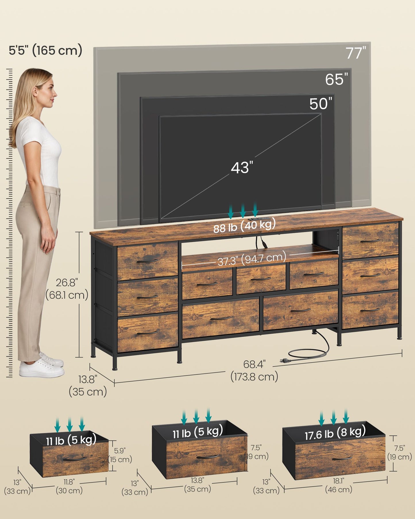 SONGMICS TV Stand for Tvs Up to 70 Inches, 11 Fabric Drawers, 2 Shelves Dresser for Bedroom – Rustic Brown