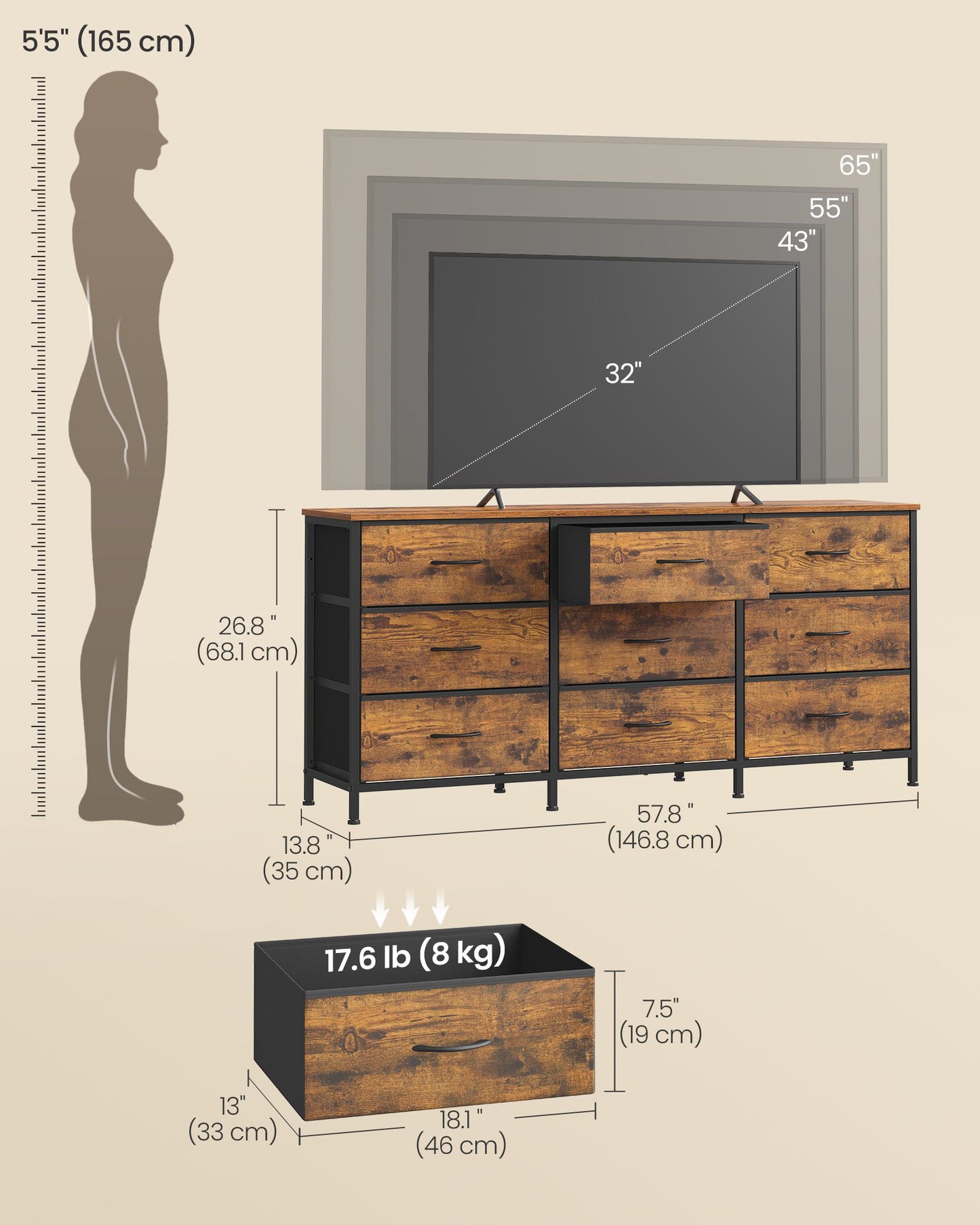 SONGMICS Dresser with 9 Fabric Drawers, TV Stand for Tvs Up to 65 Inches – Rustic Brown, Ink Black