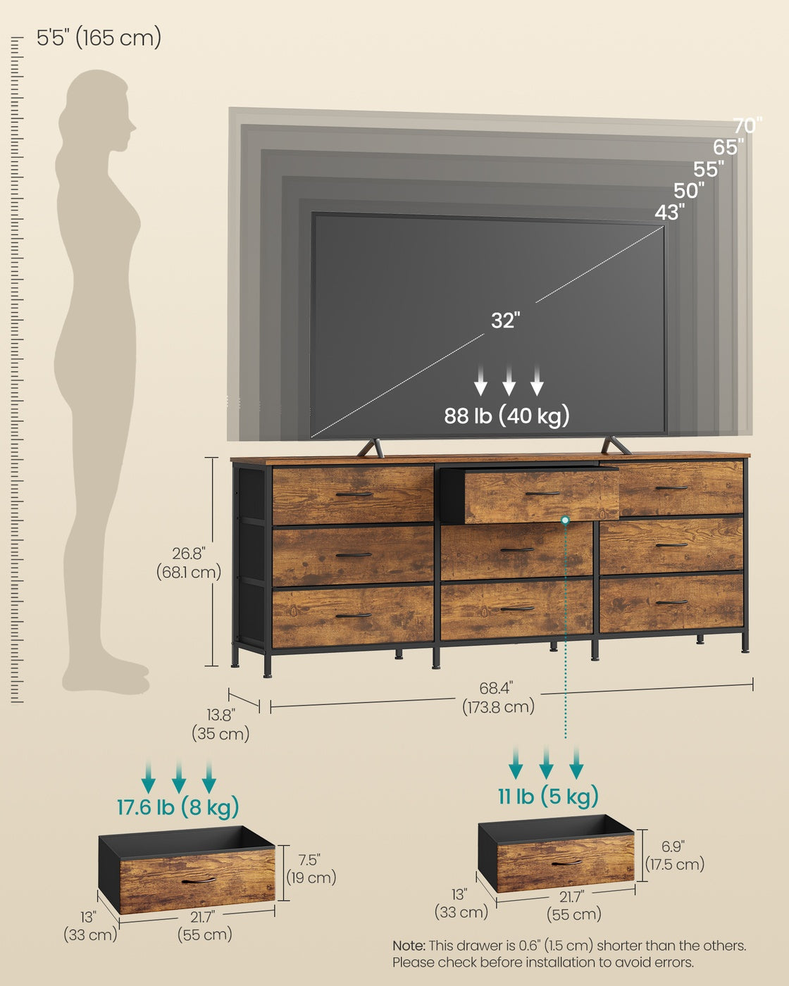SONGMICS Dresser with 9 Fabric Drawers, TV Stand for Tvs Up to 70 Inches – Rustic Brown, Ink Black