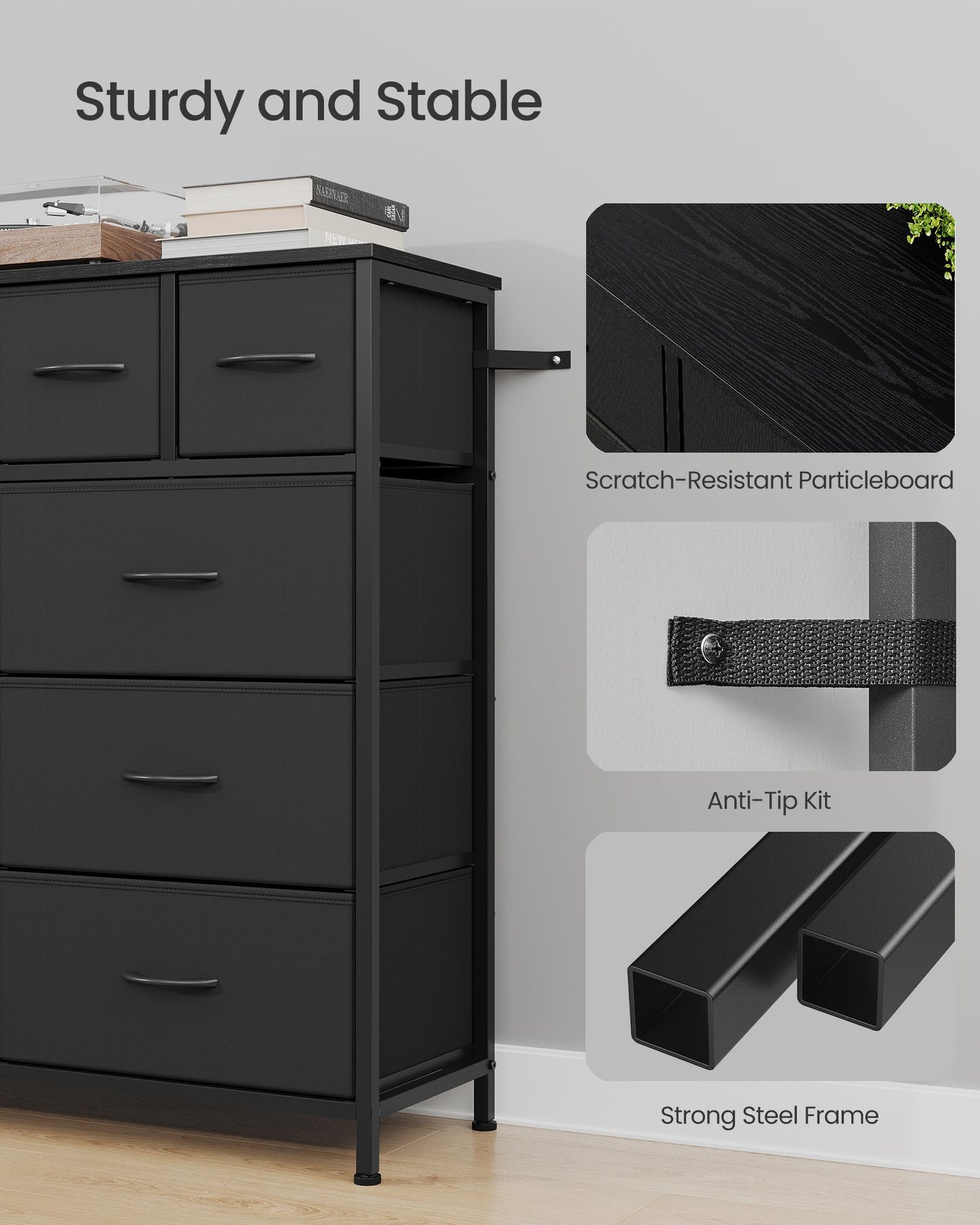 SONGMICS Tall Fabric Dresser with Ten Drawers and Steel Frame – Ink Black