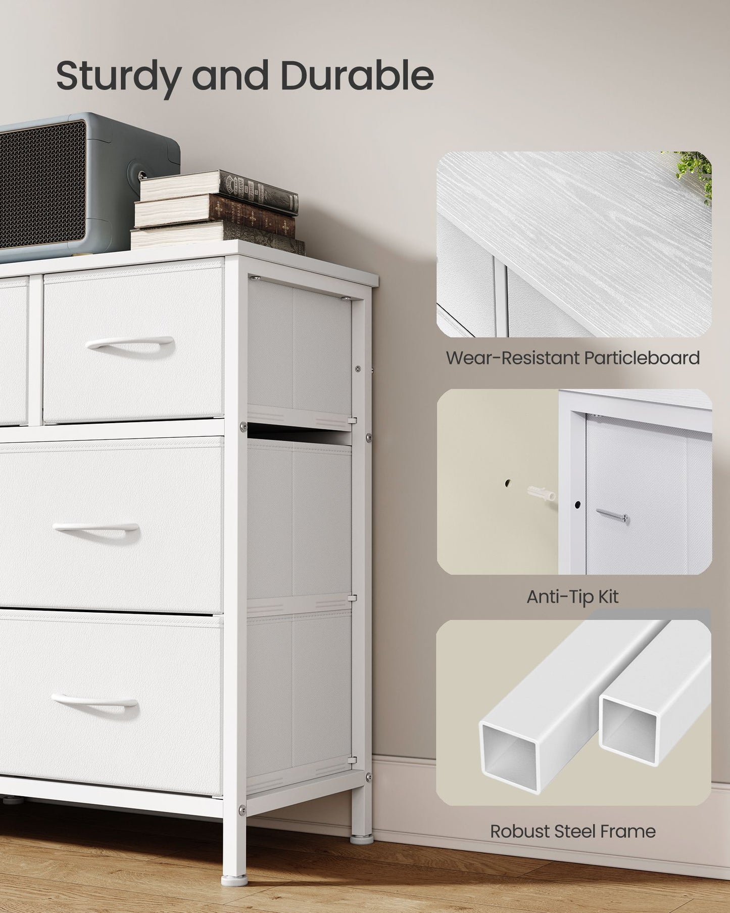 SONGMICS Wide Bedroom Dresser with 10 Fabric Drawers – Cloud White