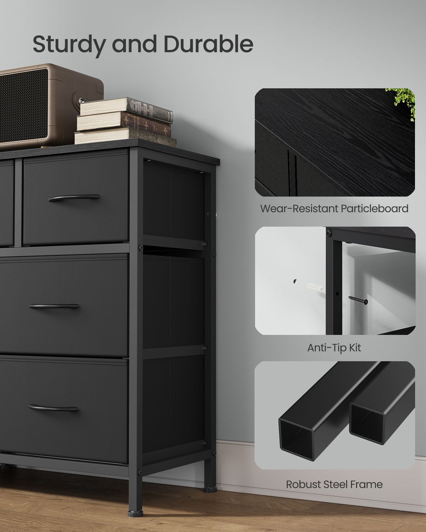 SONGMICS Wide Bedroom Dresser with 10 Fabric Drawers – Ink Black – 13.8"D x 57.8"W x 26.8"H