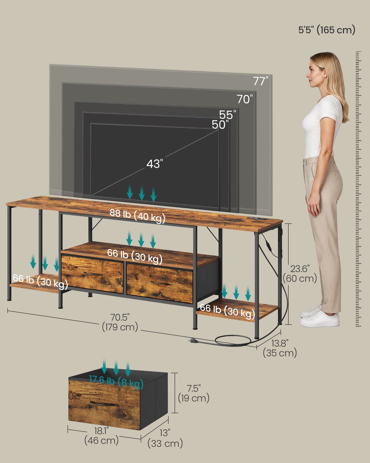 SONGMICS TV Stand with Power Outlets and Lights – Rustic Brown