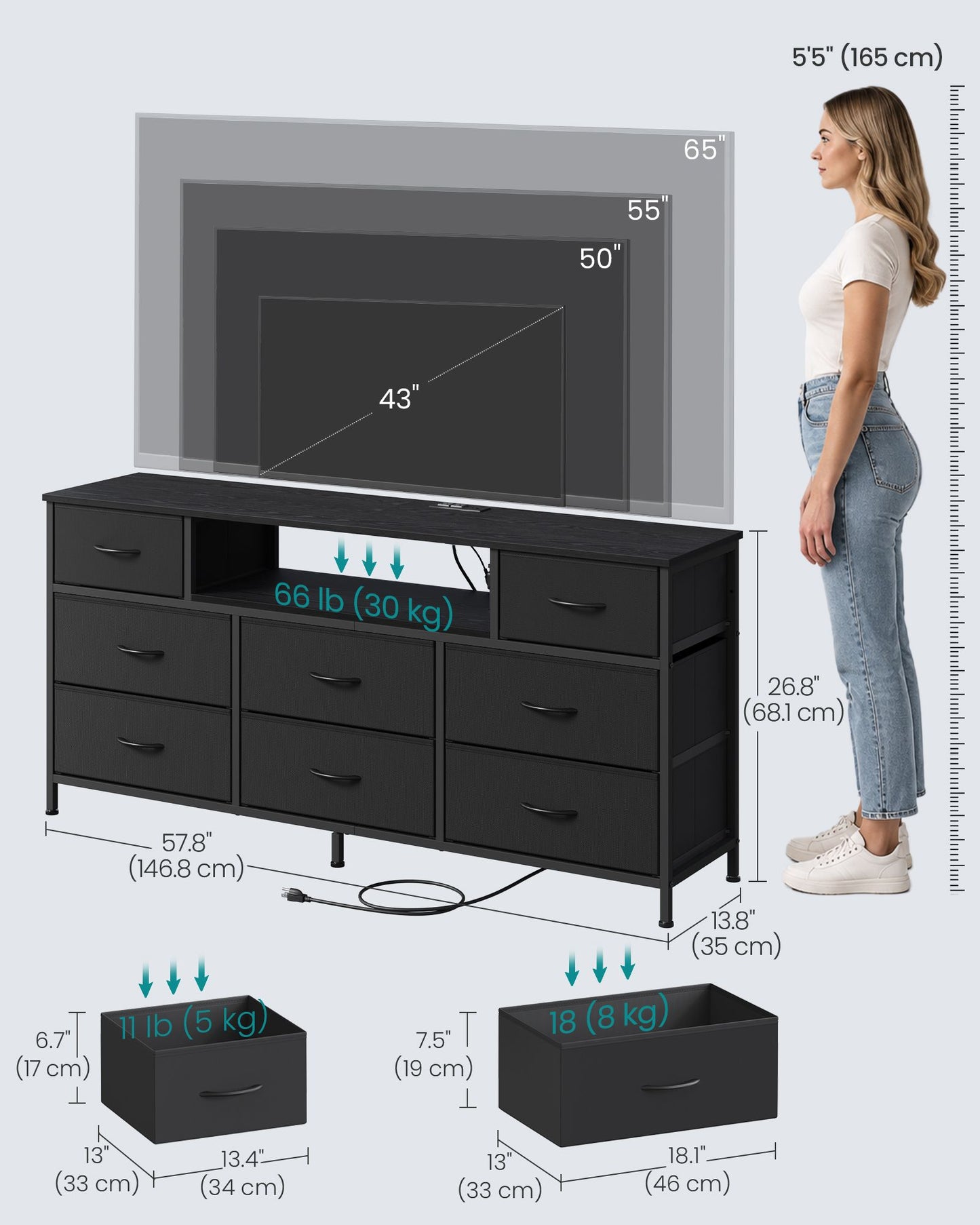 SONGMICS Dresser for Bedroom with Outlets & LED Lights, 8 Fabric Drawers – Ink Black