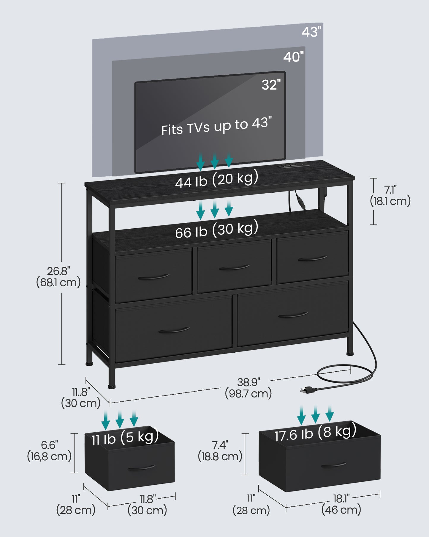SONGMICS Dresser with App-Controlled LED Lights, 5 Fabric Drawers Dresser – Ink Black