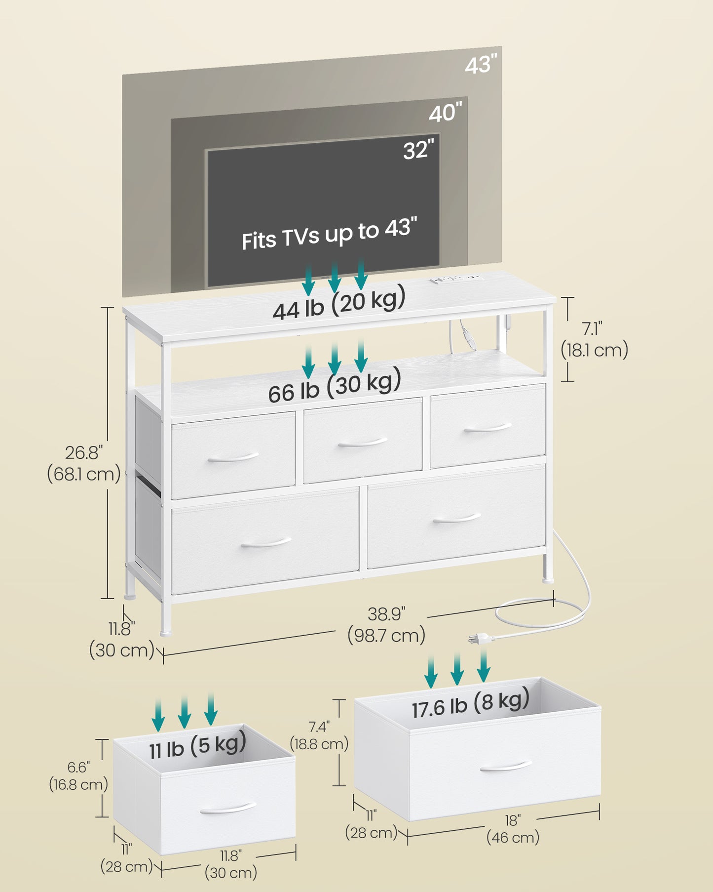 SONGMICS Dresser with App-Controlled LED Lights, 5 Fabric Drawers Dresser – Cloud White