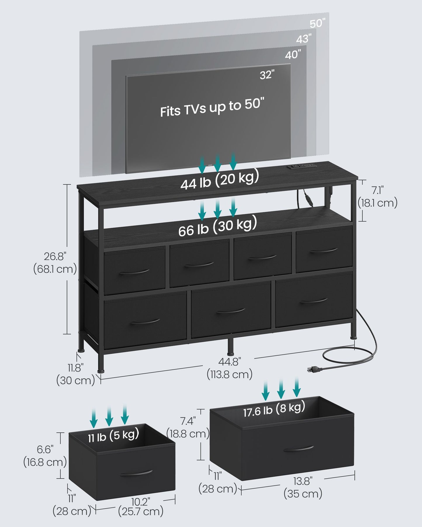 SONGMICS Dresser with App-Controlled LED Lights, 7 Fabric Drawers Dresser – Ink Black