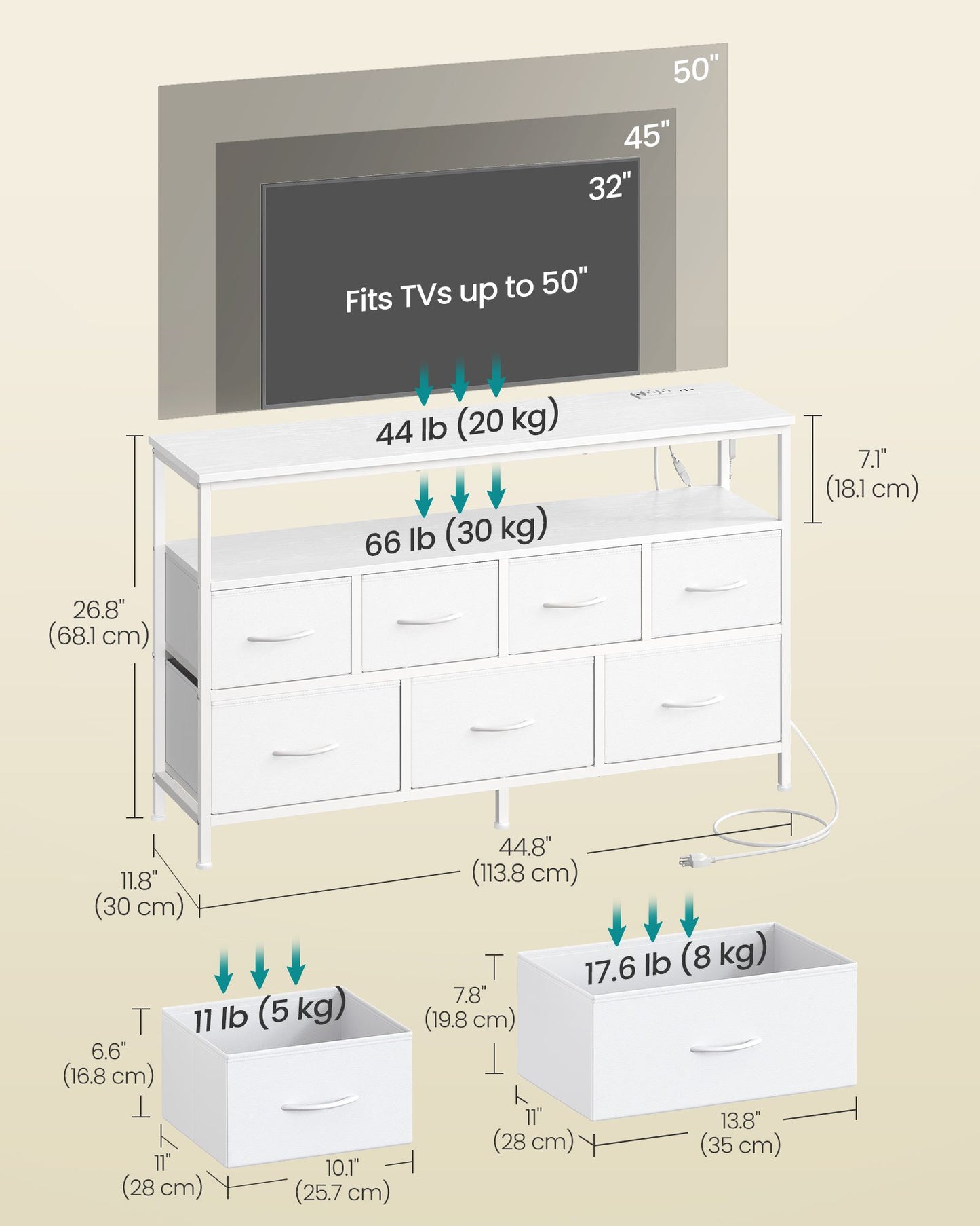 SONGMICS Dresser with App-Controlled LED Lights, 7 Fabric Drawers Dresser – Cloud White