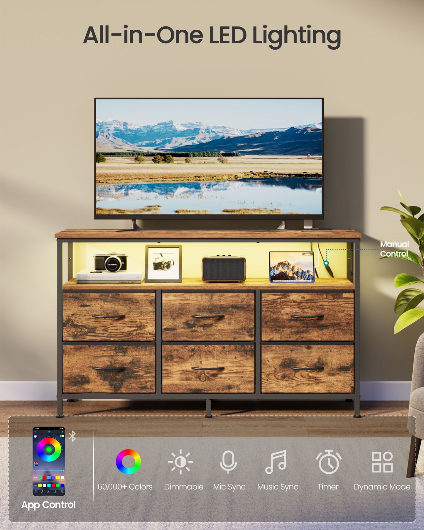 SONGMICS Wide Bedroom Dresser with 6 Drawers & Open Shelf – Rustic Brown, Ink Black