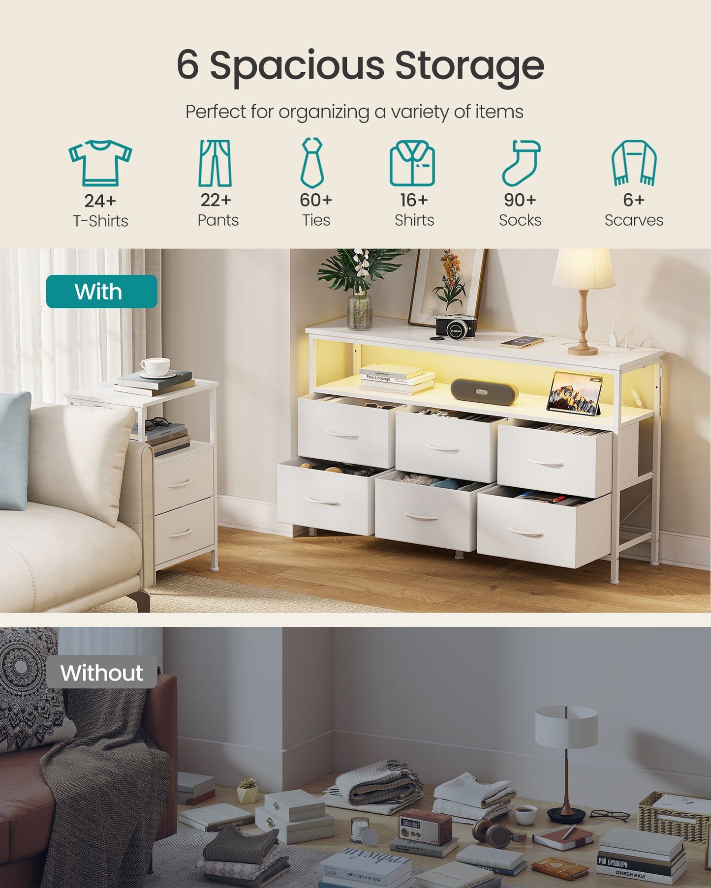 SONGMICS Wide Bedroom Dresser with 6 Drawers & Open Shelf – Cloud White – 11.8"D x 44.8"W x 26.8"H