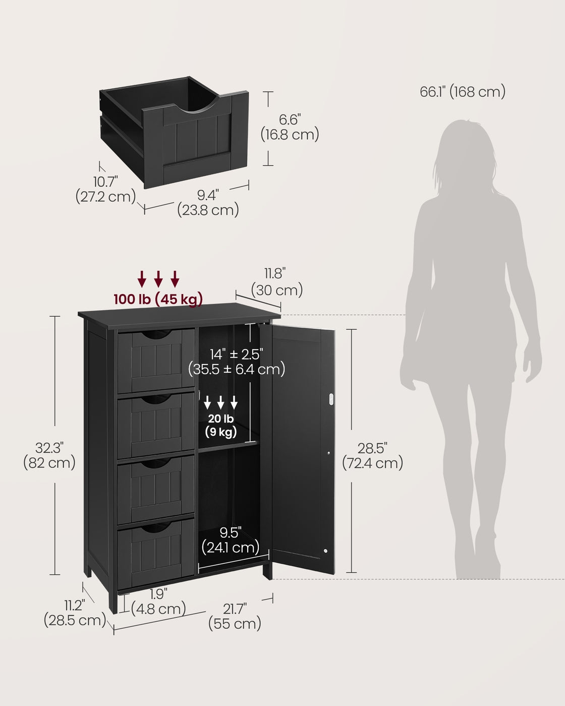VASAGLE Storage Cabinet with Drawers and Door – Ink Black