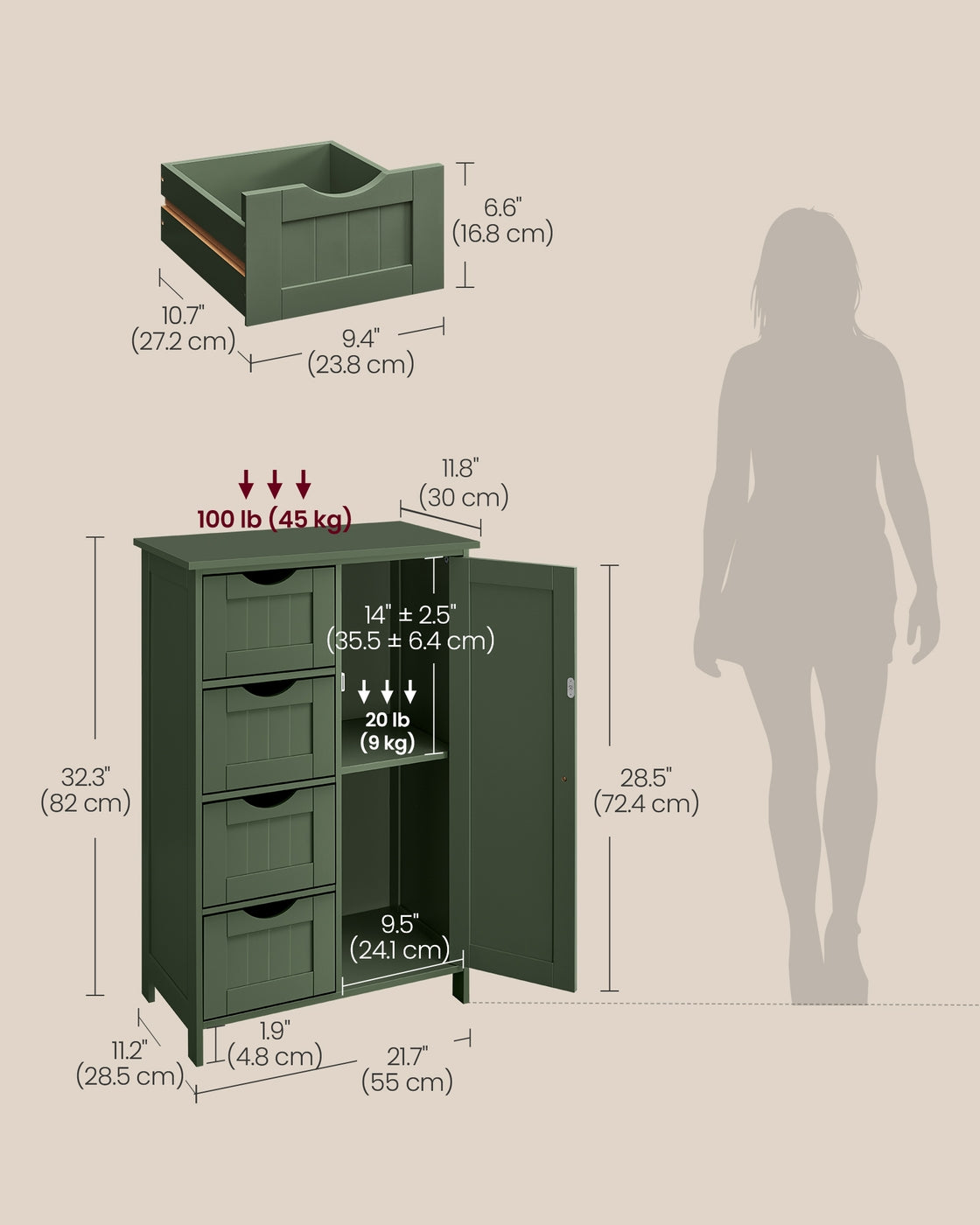 VASAGLE Storage Cabinet with Drawers and Door – Sage Green