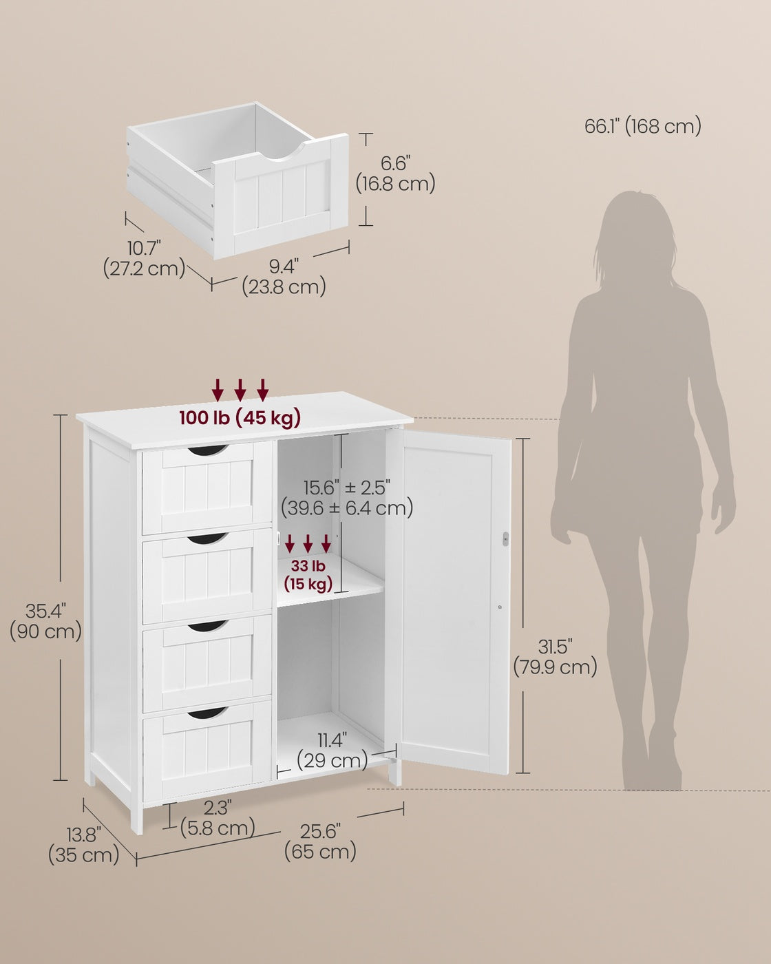 VASAGLE Storage Cabinet with Drawers and Door – Cloud White – 13.8"D x 25.6"W x 35.4"H