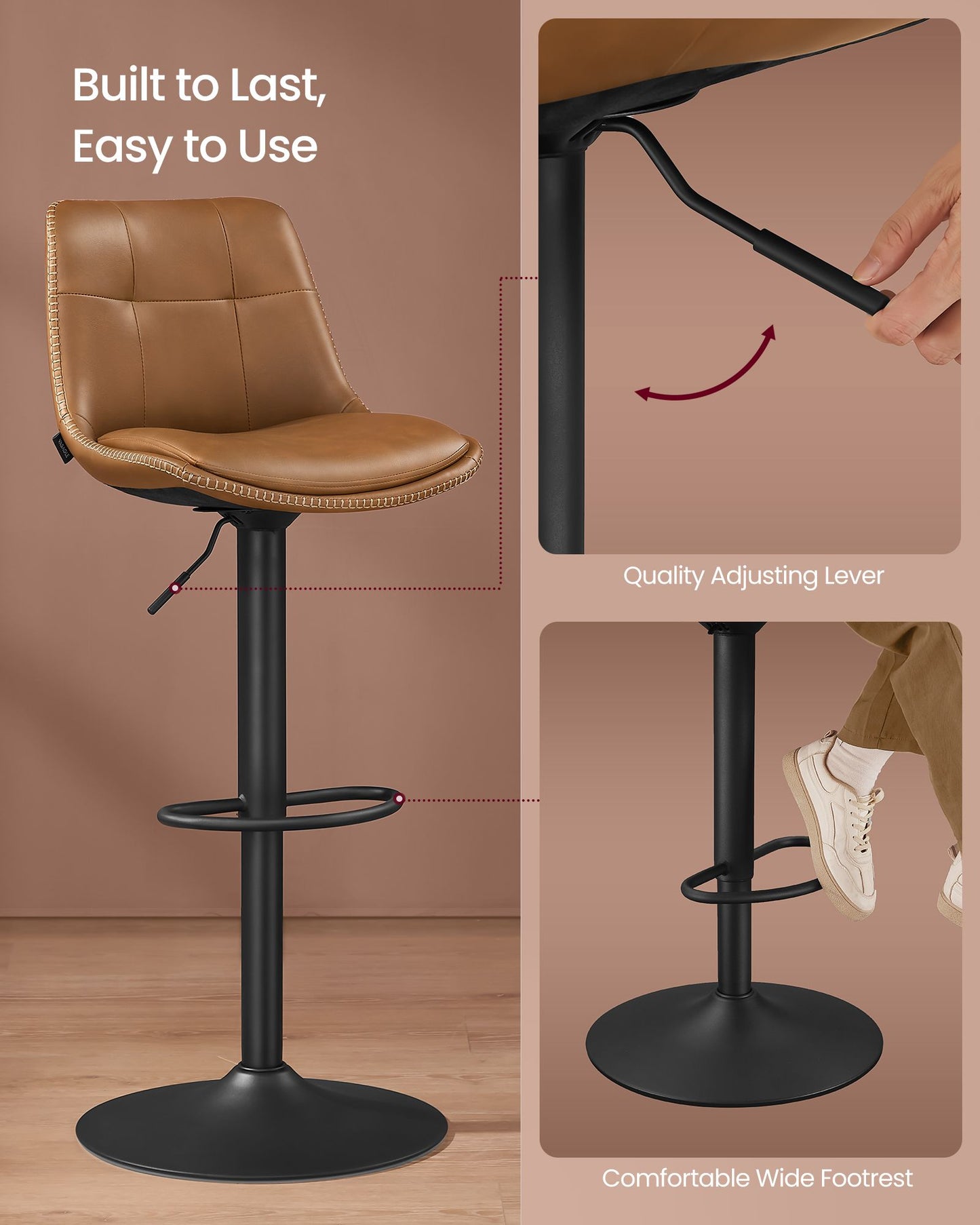 VASAGLE Bar Stools, Set of 4 Swivel Bar Chairs, Adjustable Height, Caramel Brown