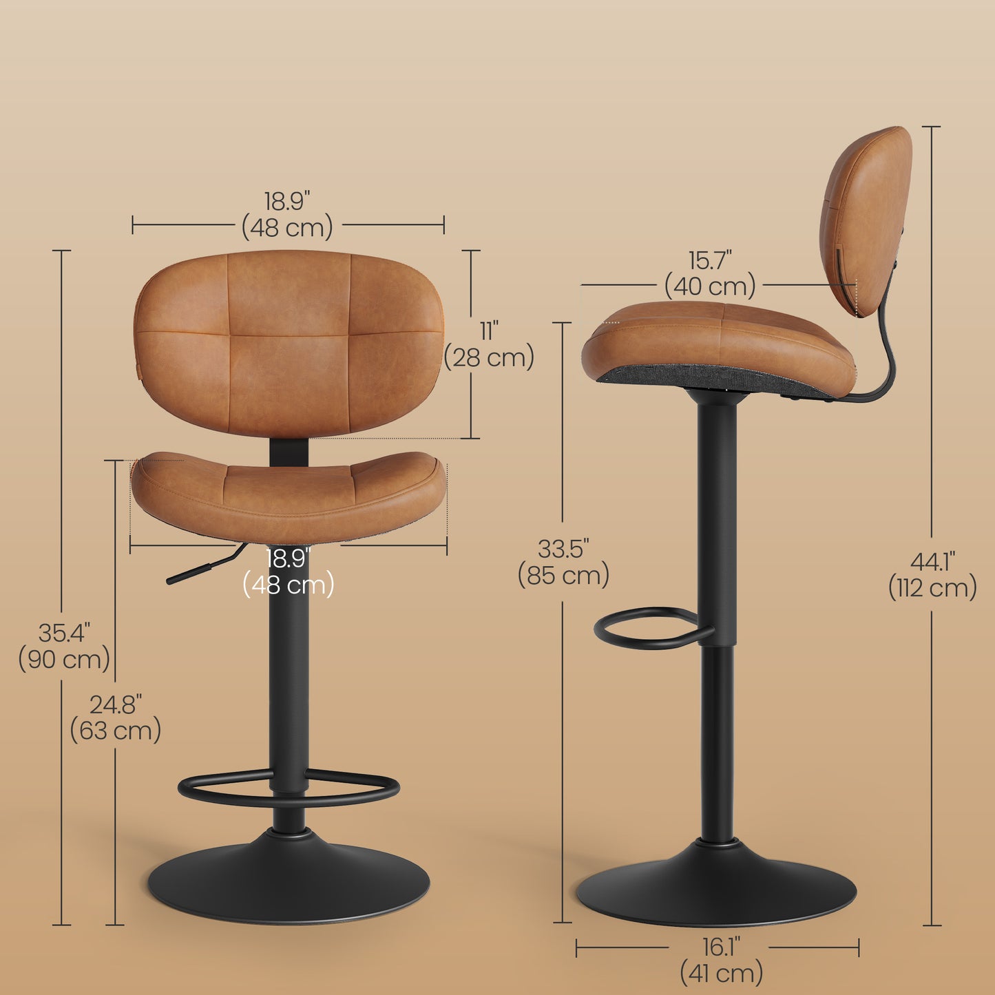 VASAGLE Bar Stools, Height Adjustable Kitchen Barstools, Set of 4, Caramel Brown