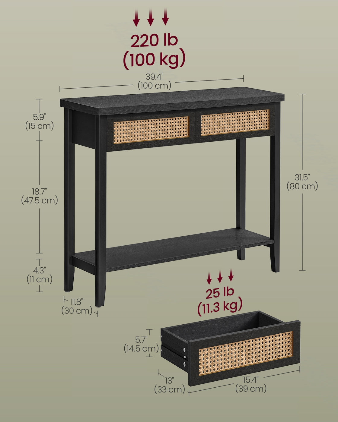 VASAGLE Boho Console Table, 2-Drawer, Ash Black