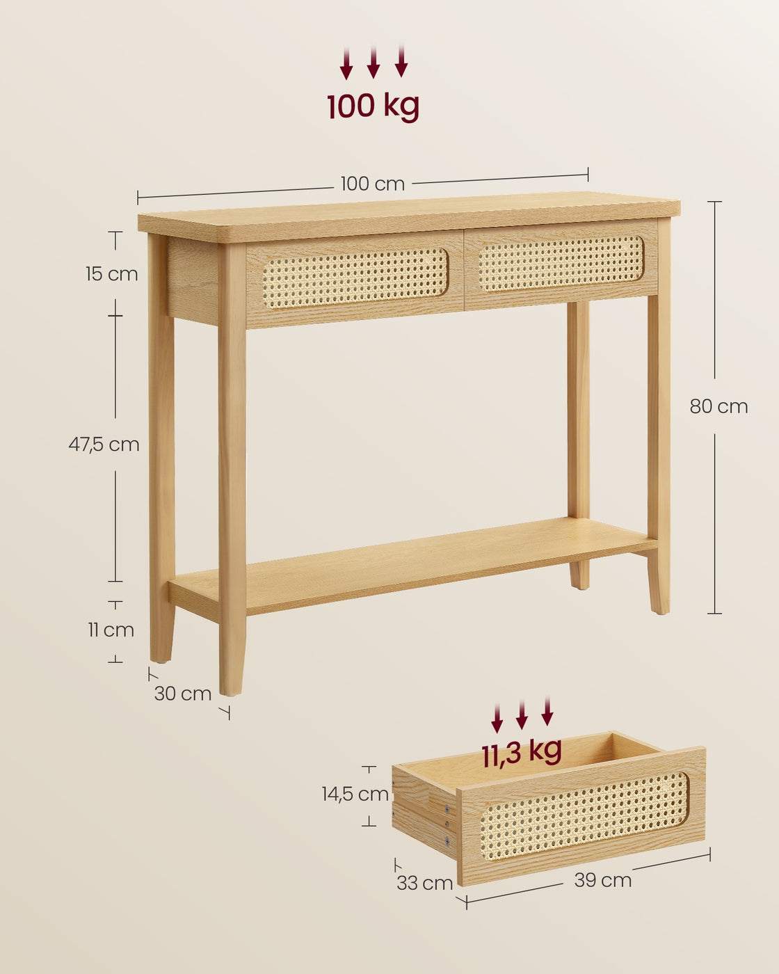 VASAGLE Console Sofa Table, Narrow Entryway, 2 Drawers, Open Shelf, Rounded Corners, Camel Yellow