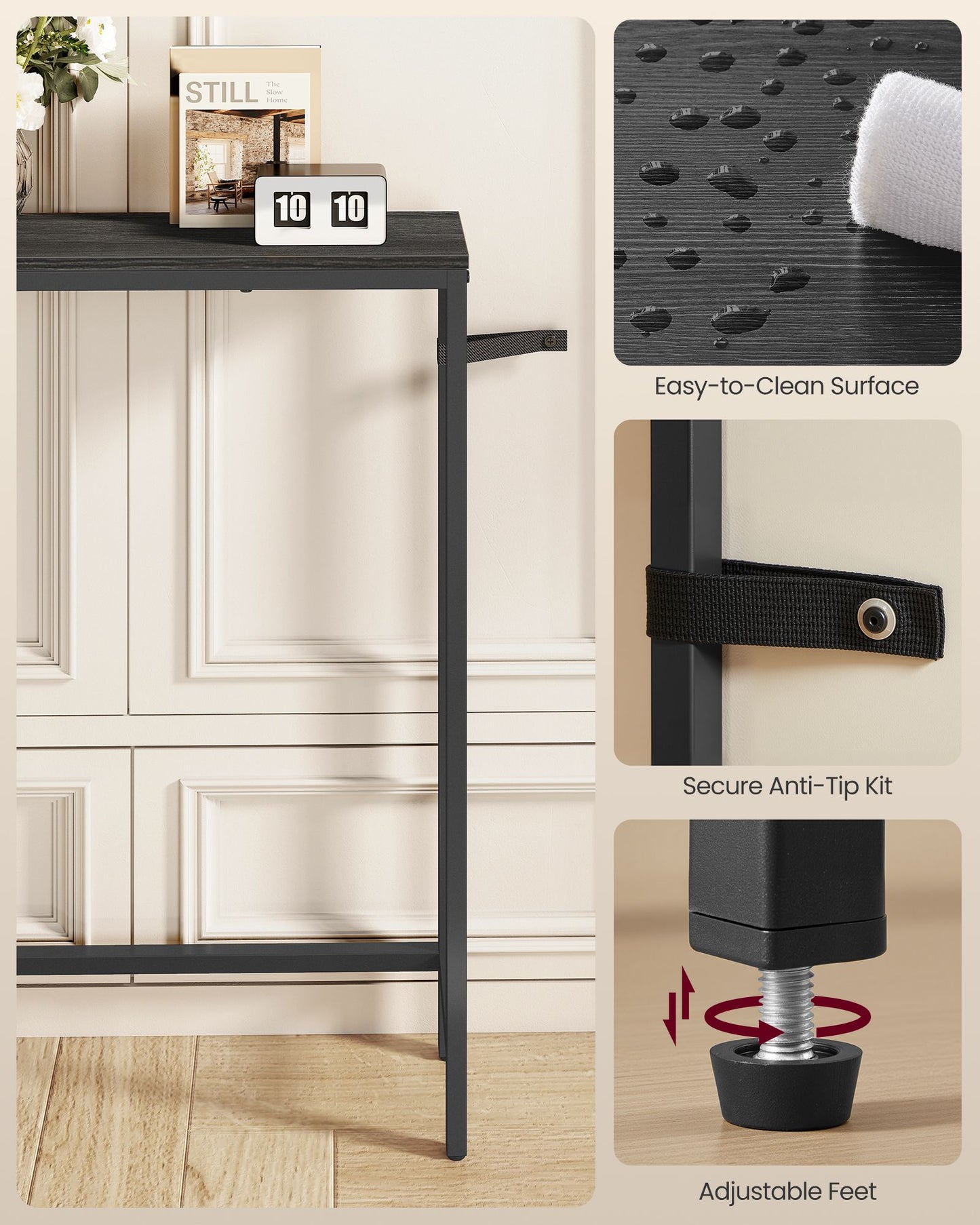 VASAGLE Narrow Sofa Table with Outlet and Hooks Charcoal Gray Ink Black – Charcoal Gray, Matte Black