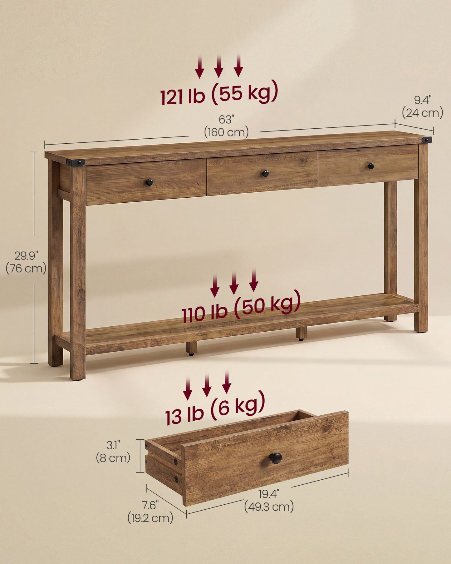 VASAGLE Narrow Farmhouse Sofa Table with Three Drawers Honey Brown – Warm Earth Brown