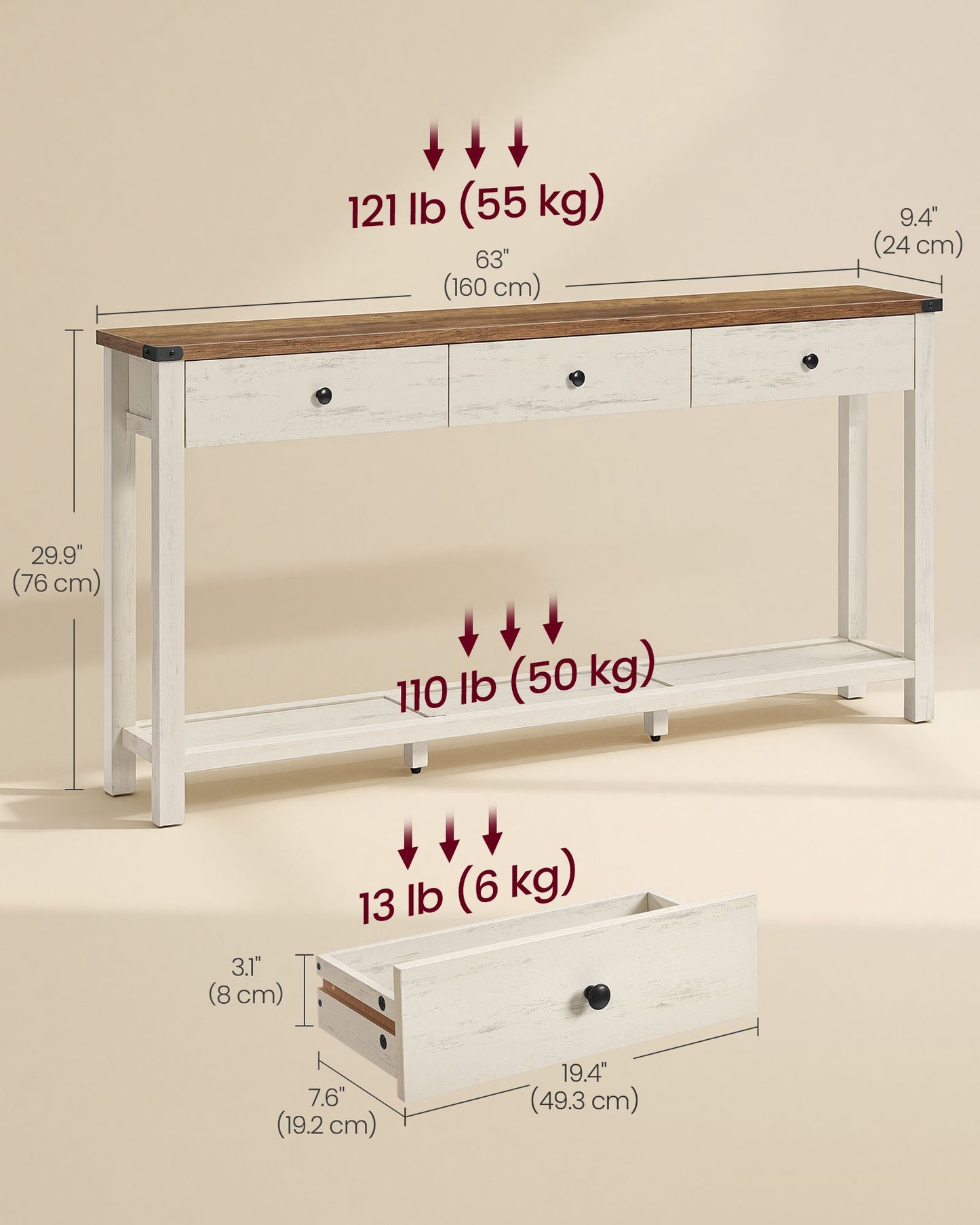 VASAGLE Narrow Sofa Table Three Drawers Rustic White Honey Brown – Cloud White and Warm Earth Brown