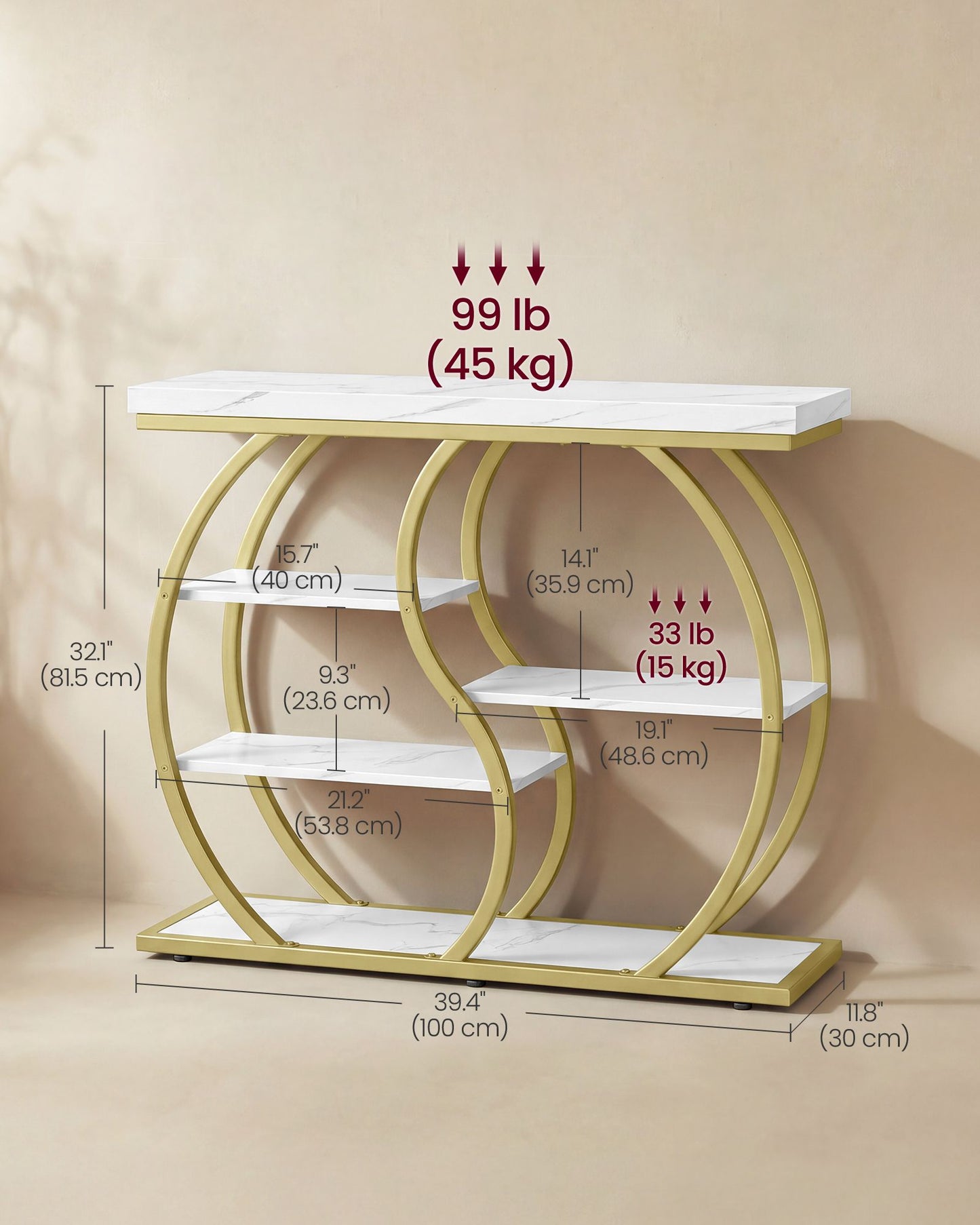 VASAGLE Five Tier Geometric Console Table with Curved Metal Frame – Marble White and Pale Gold