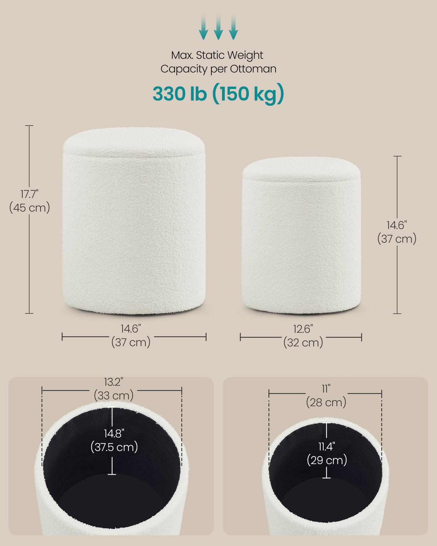 SONGMICS Set of Two Round Storage Stools – Cream White | ULOM013WD01