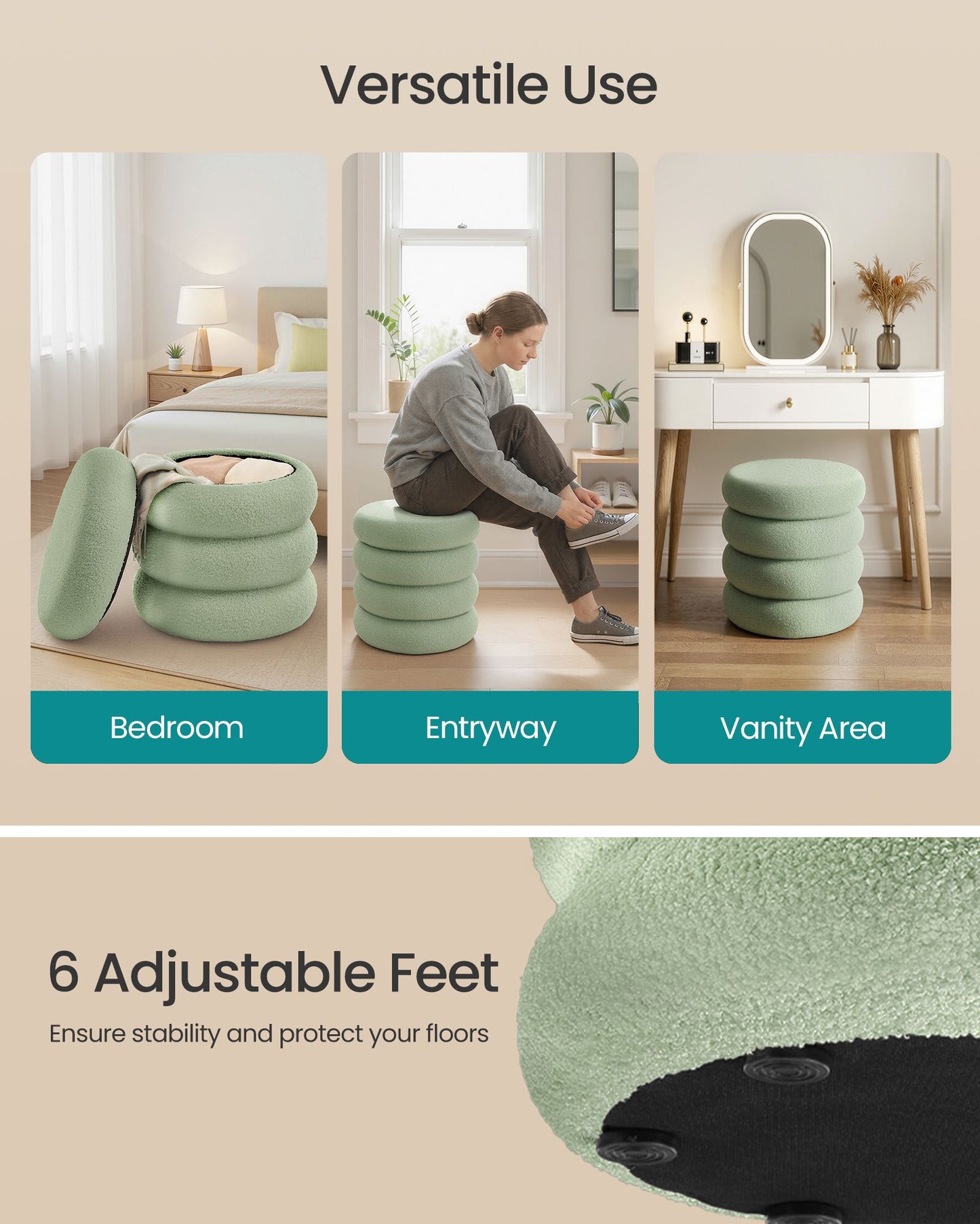 SONGMICS Round Storage Ottoman with Removable Lid Teddy Fleece Lime Green
