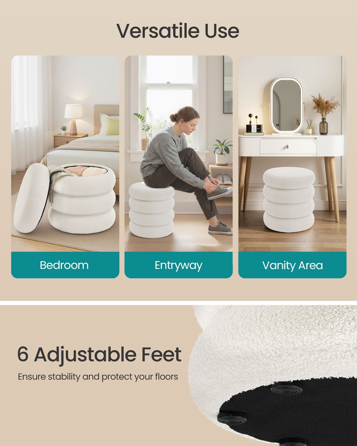 SONGMICS Round Storage Ottoman with Removable Lid Teddy Fleece Cappuccino White