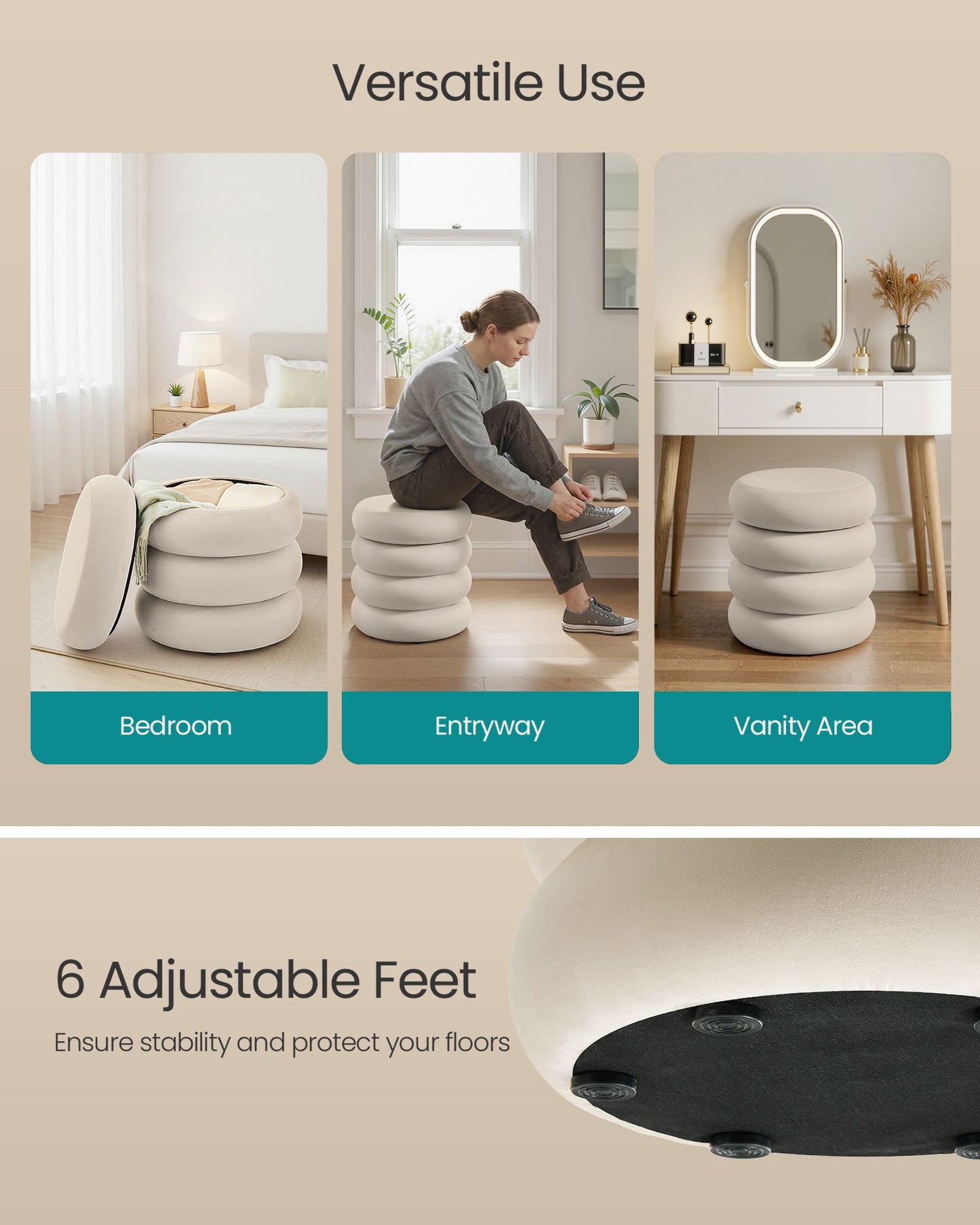 SONGMICS Round Storage Ottoman with Removable Lid Velvet Cappuccino – Cream White