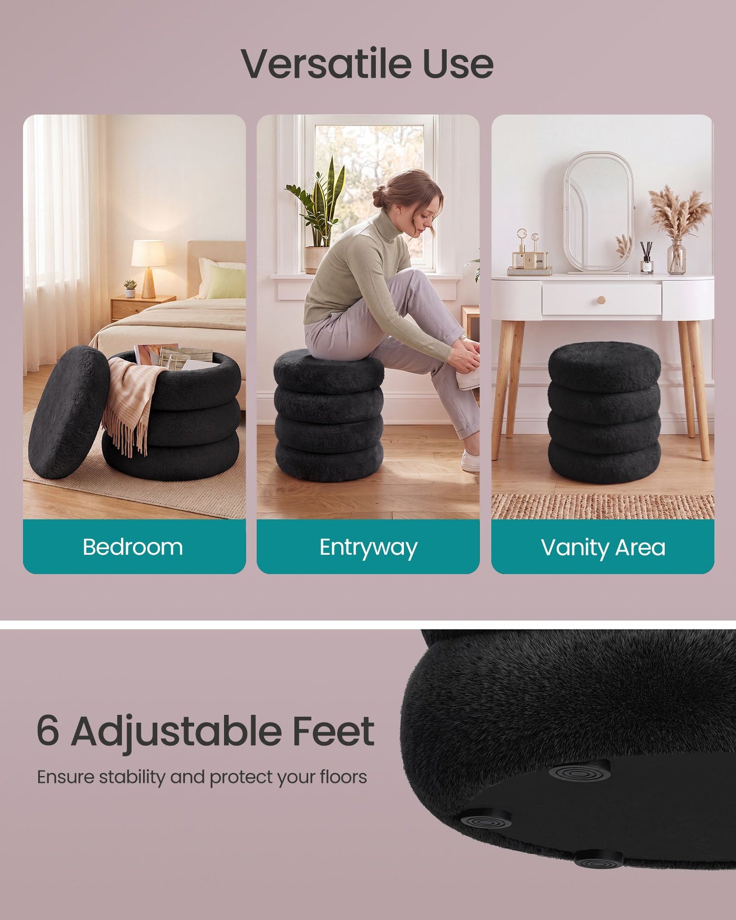 SONGMICS Round Storage Ottoman with Removable Lid Plush Fabric Black
