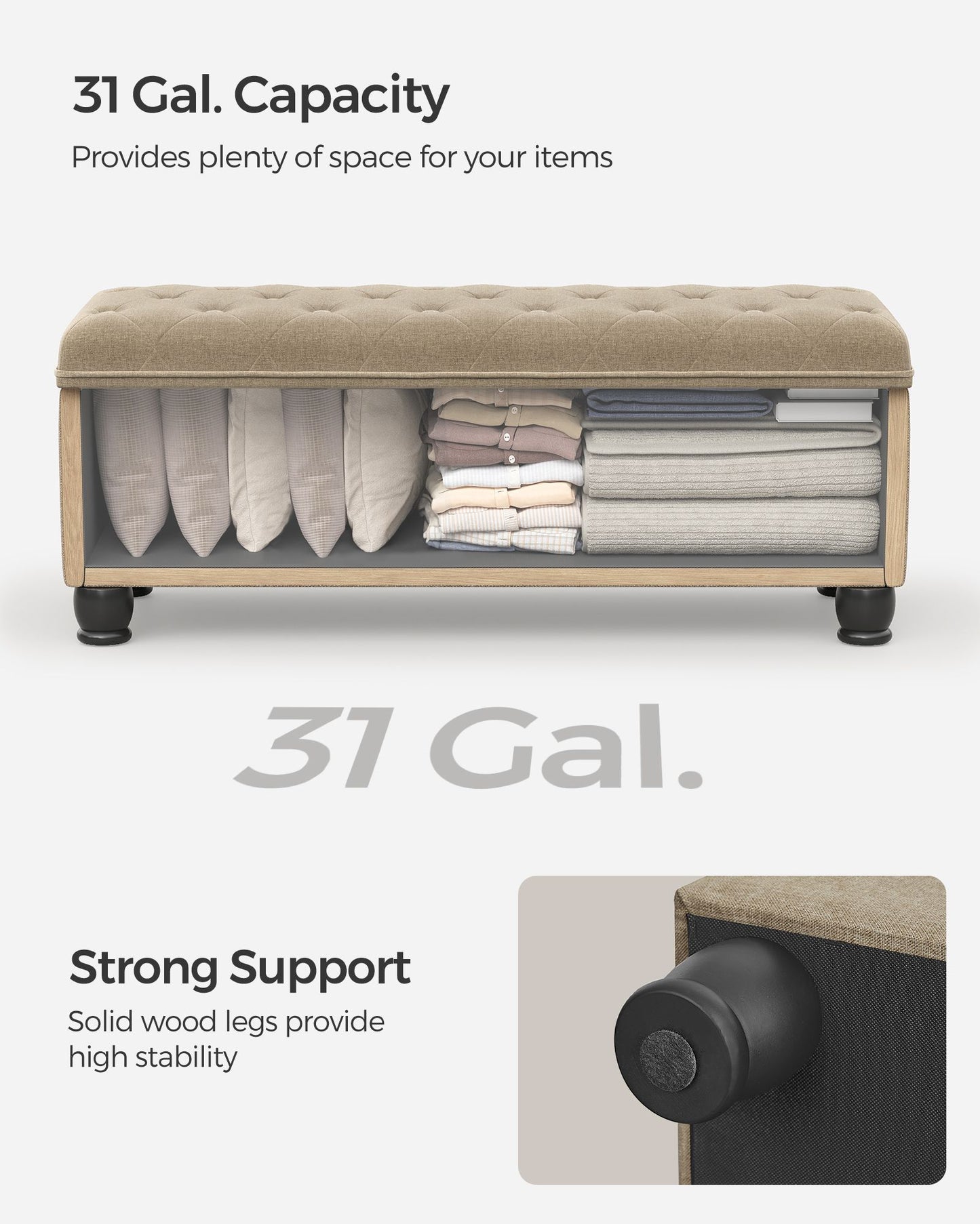 SONGMICS Storage Ottoman, 46.5 Inches Bedroom Bench, Solid Wood Legs Buttons Decoration